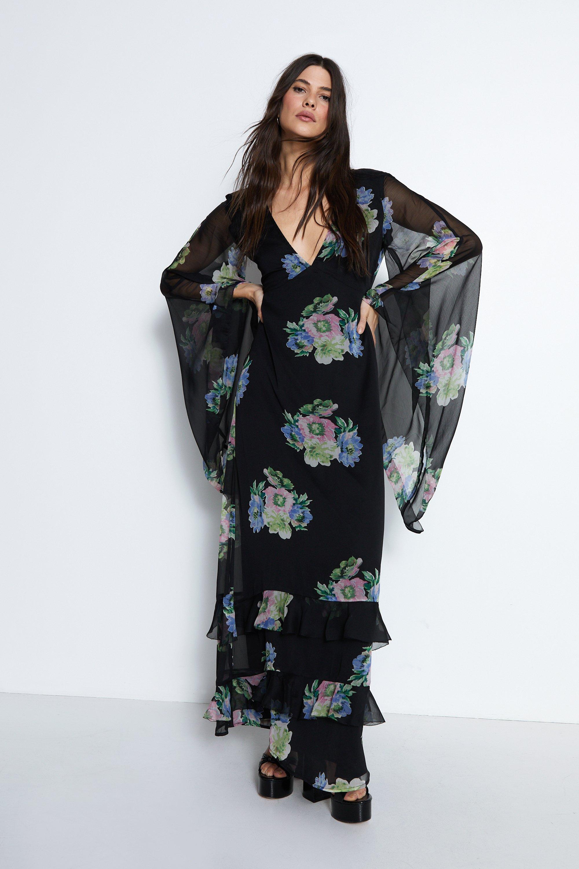 Womens Waterfall Sleeve Plunge Floral Maxi Dress - black