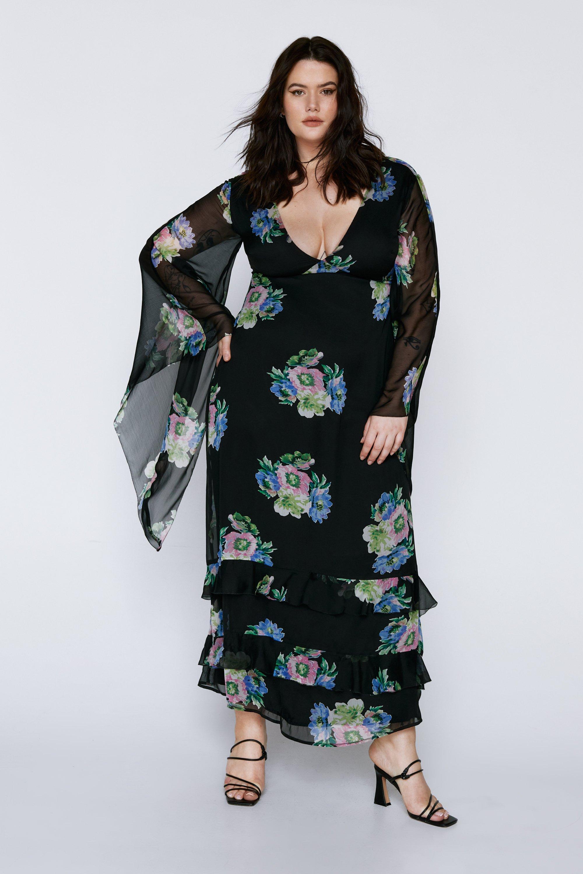 Womens Plus Waterfall Sleeve Plunge Floral Maxi Dress - black