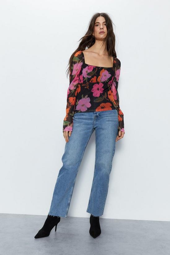 Warehouse Square Neck Lace Trim Printed Mesh Top 3