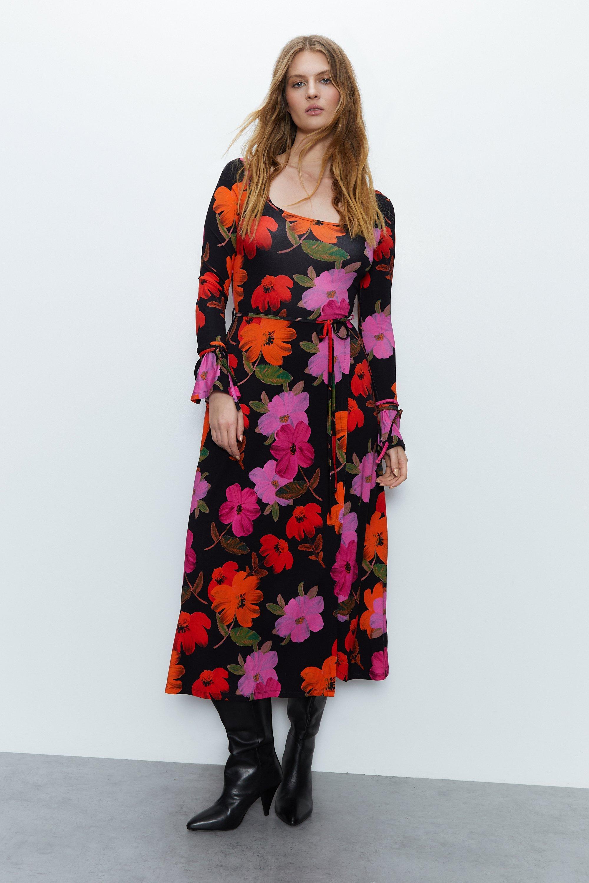 Womens Floral Print Fluted Sleeve Wrap Dress - multi