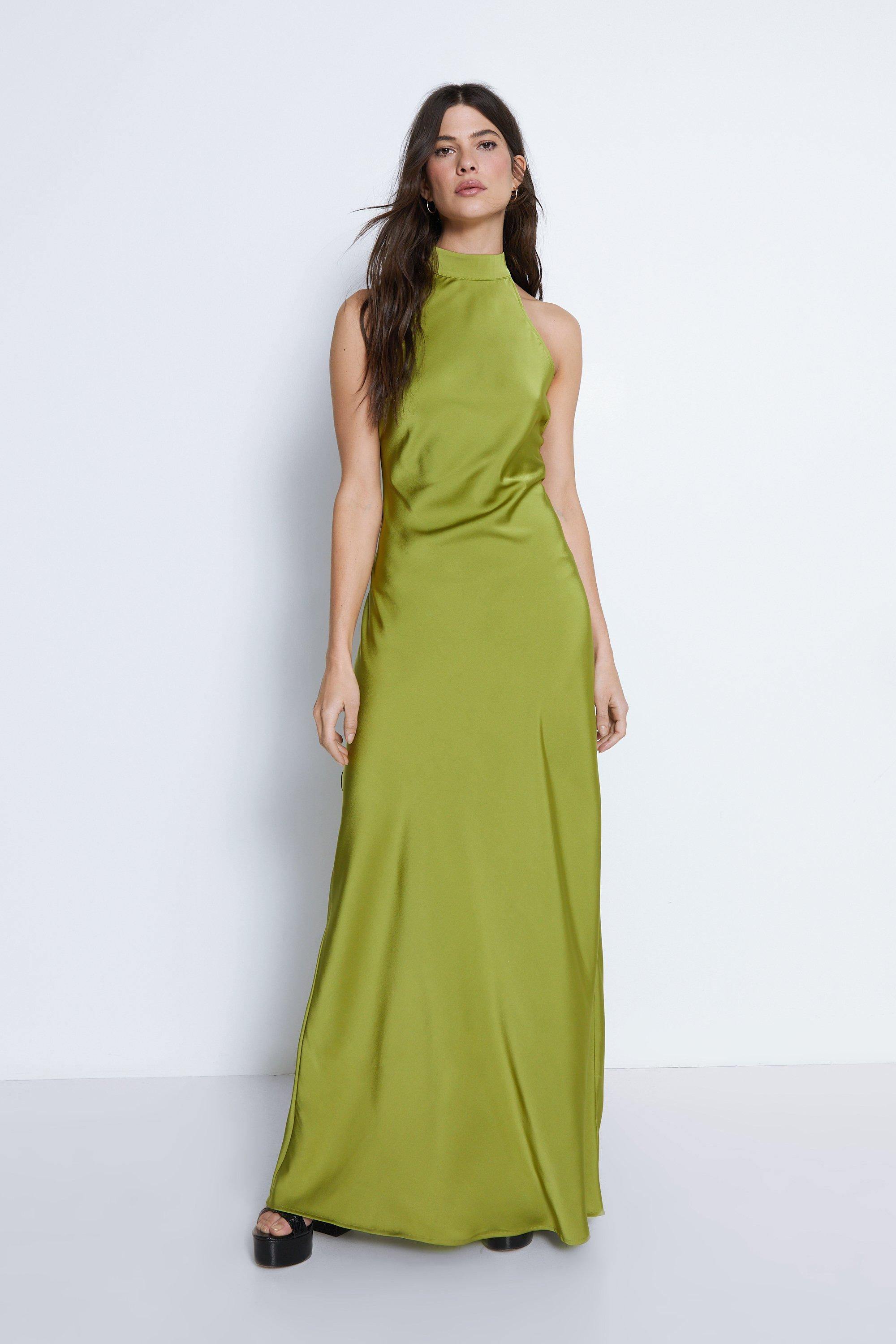 Womens Satin Halterneck Slip Dress - olive