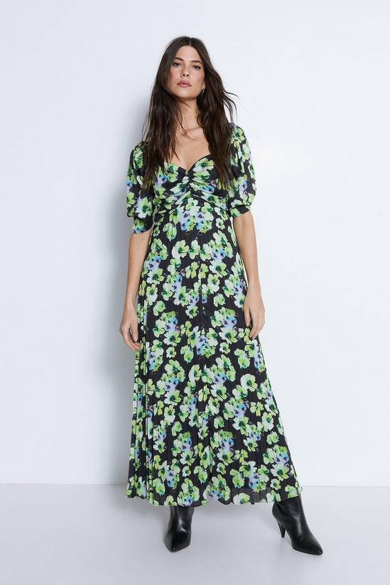 Warehouse Floral Printed Ruched Sleeve Pleated Midi Dress 1