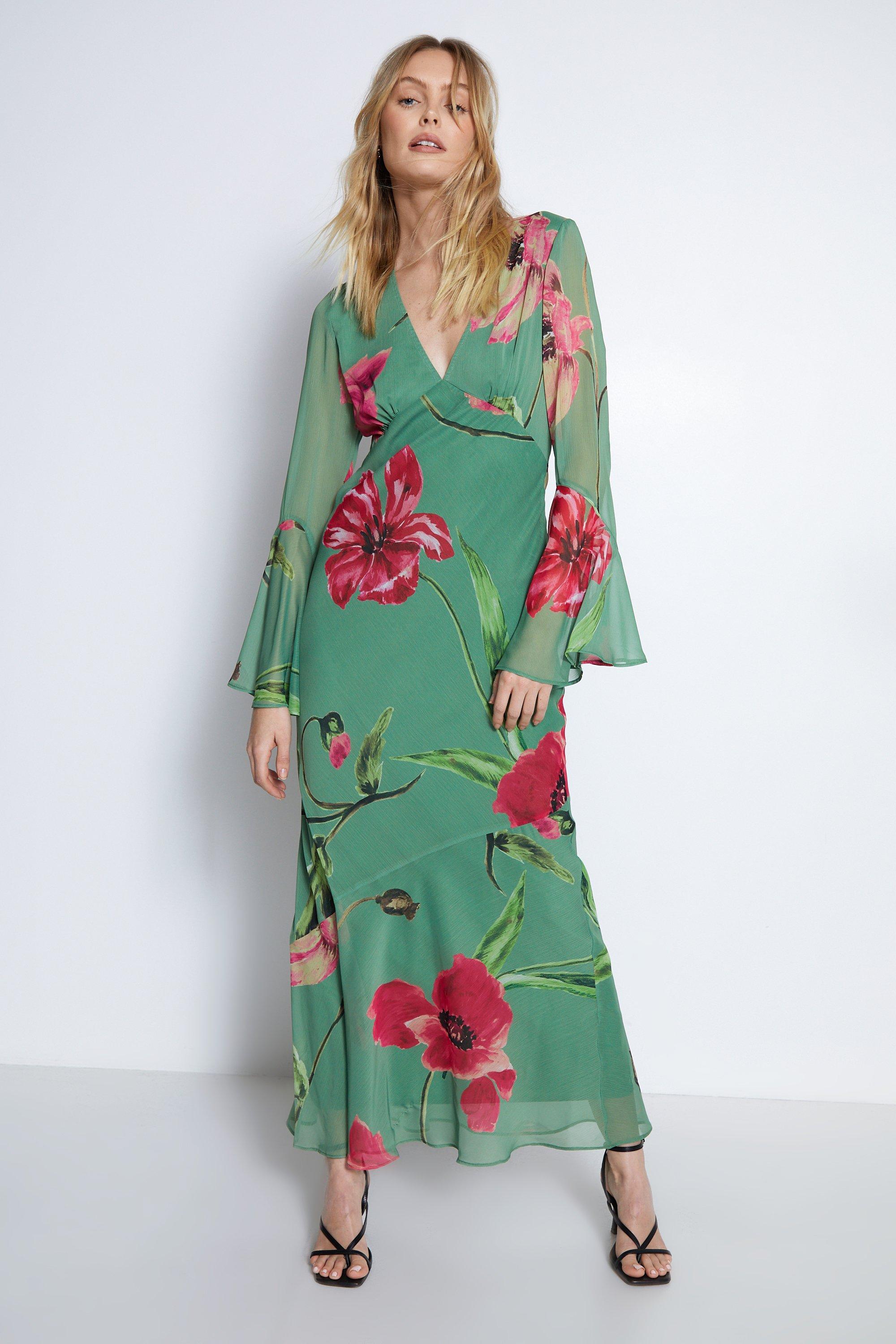 Womens Floral Printed V Neck Fluted Sleeve Maxi Dress - green