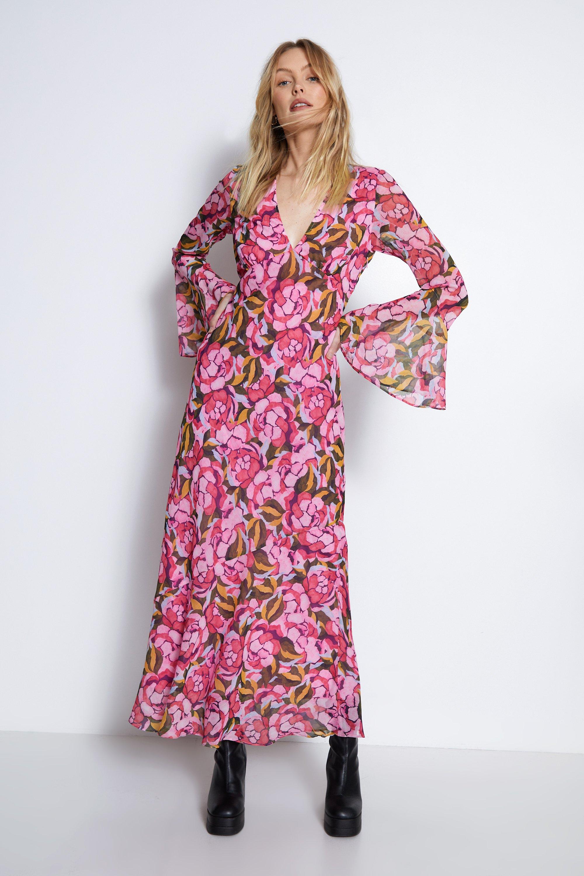 Womens Floral Printed V Neck Fluted Sleeve Maxi Dress - pink