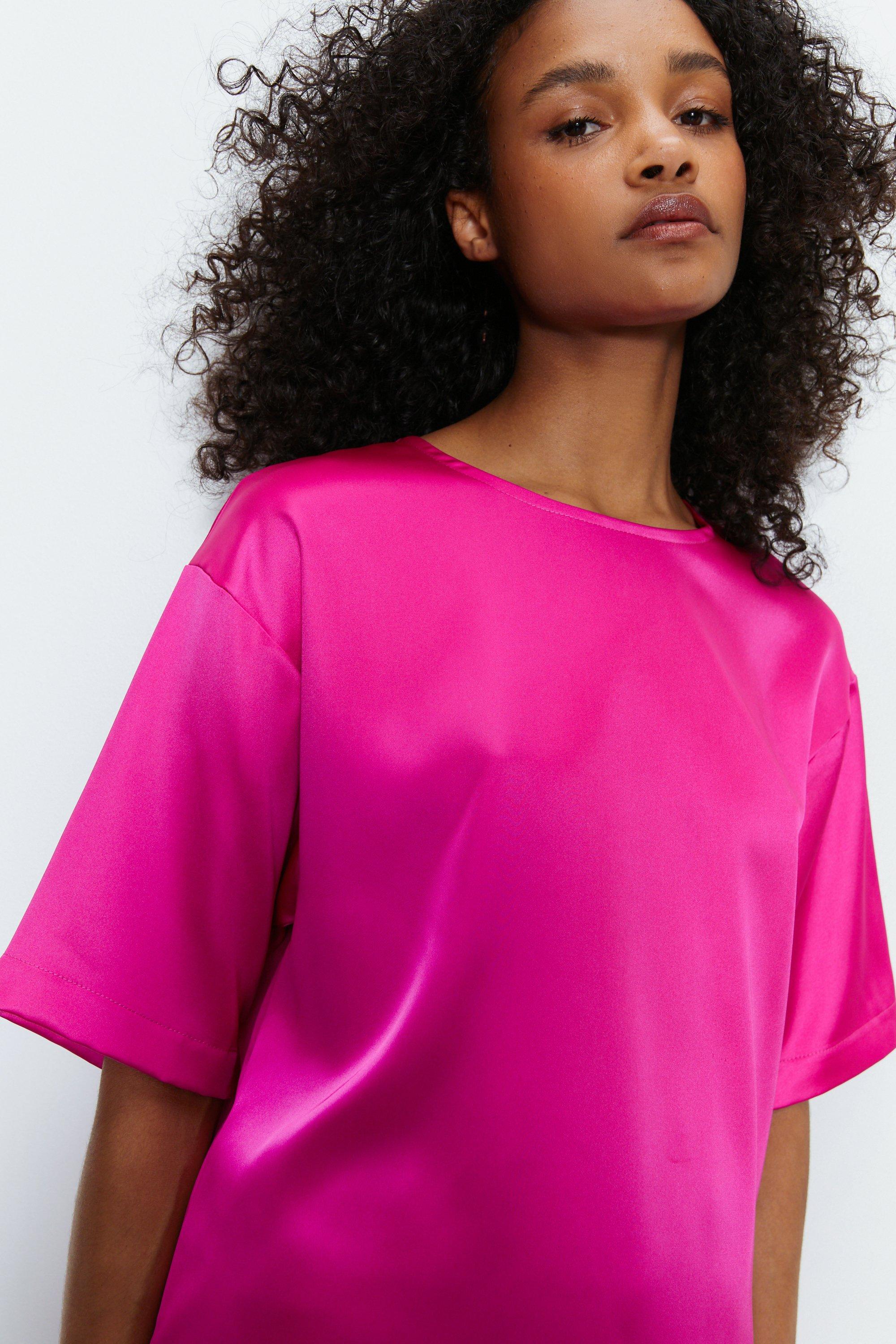 Womens Relaxed Fit Boxy Satin Tee - bright pink