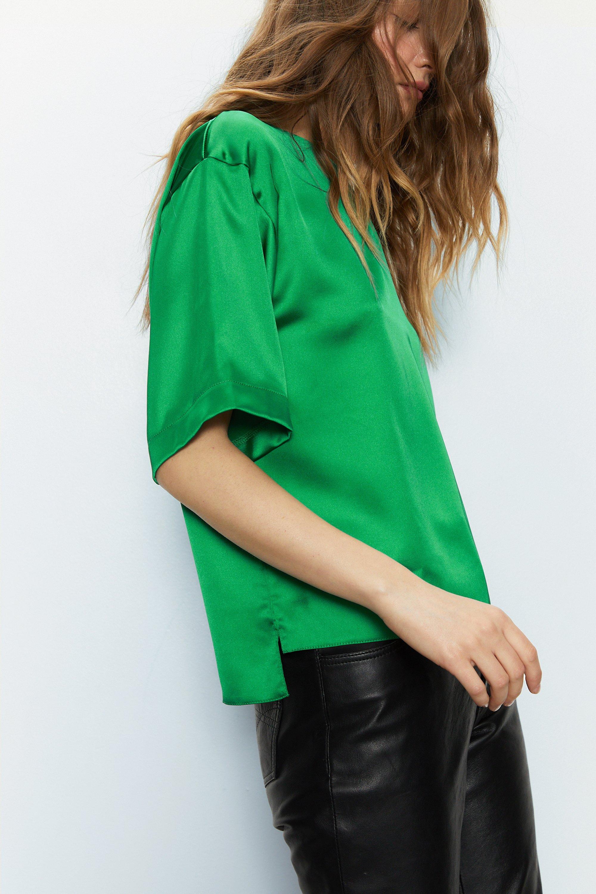 Womens Relaxed Fit Boxy Satin Tee - green
