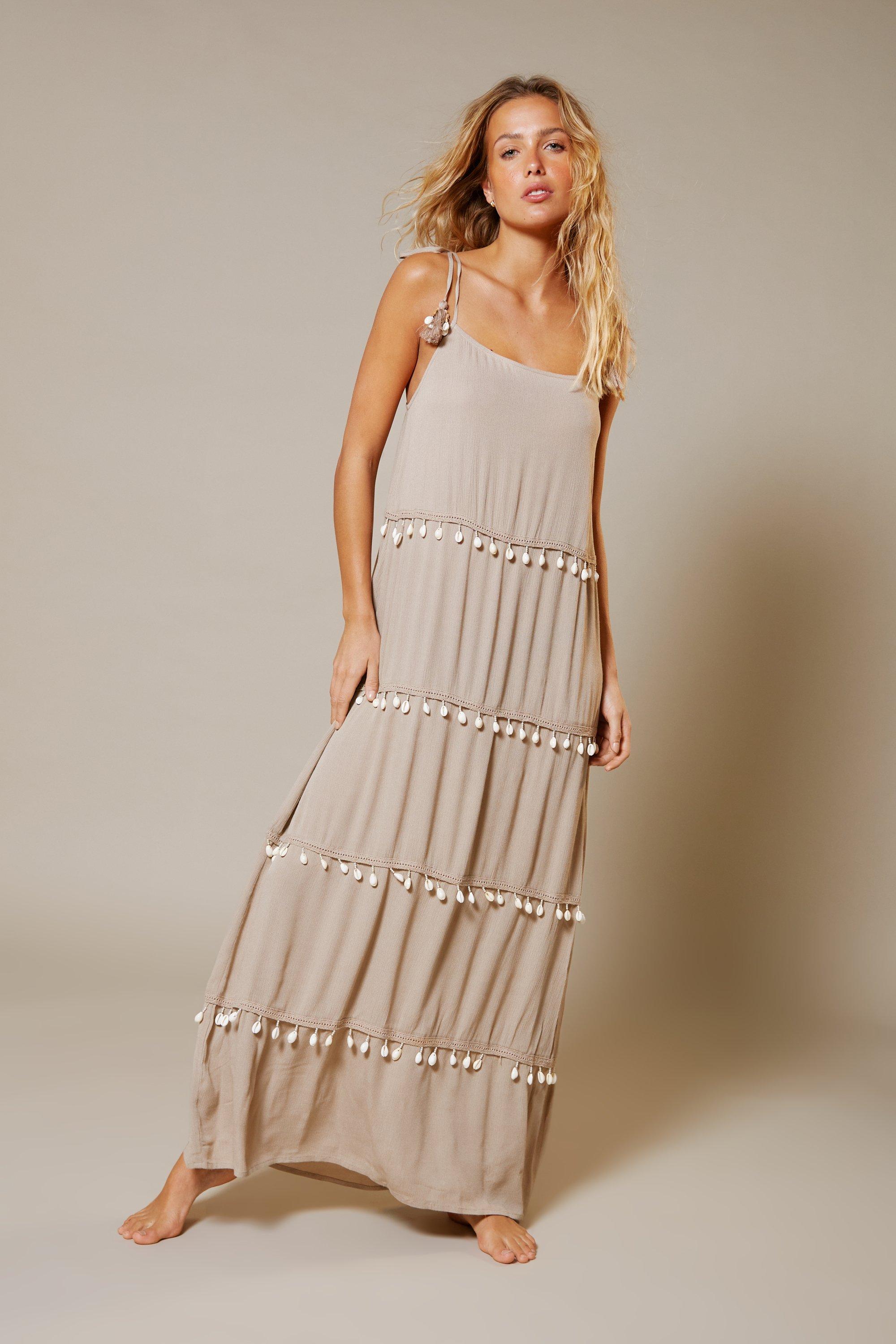 Womens Crinkle Viscose Shell Tiered Maxi Dress - stone