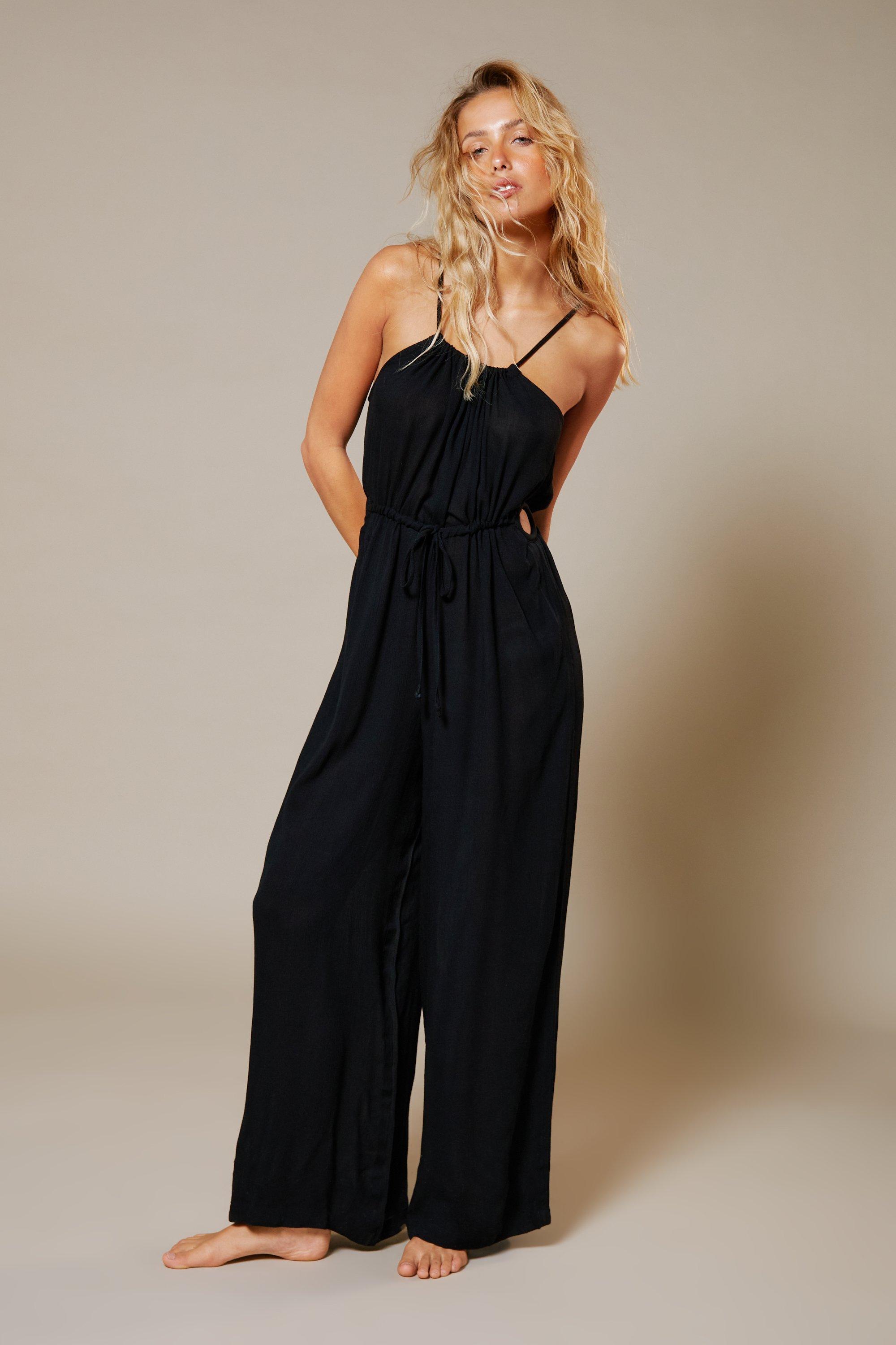 Womens Crinkle Ring Side Cover Up Jumpsuit - black