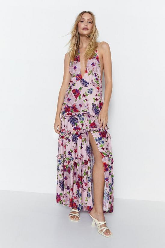 Warehouse Floral Jacquard Halter Plunge Maxi Dress 1