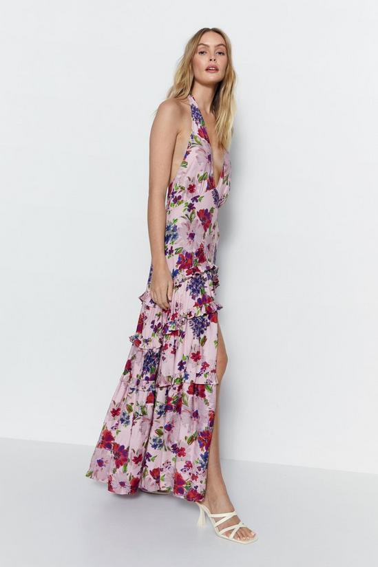 Warehouse Floral Jacquard Halter Plunge Maxi Dress 2