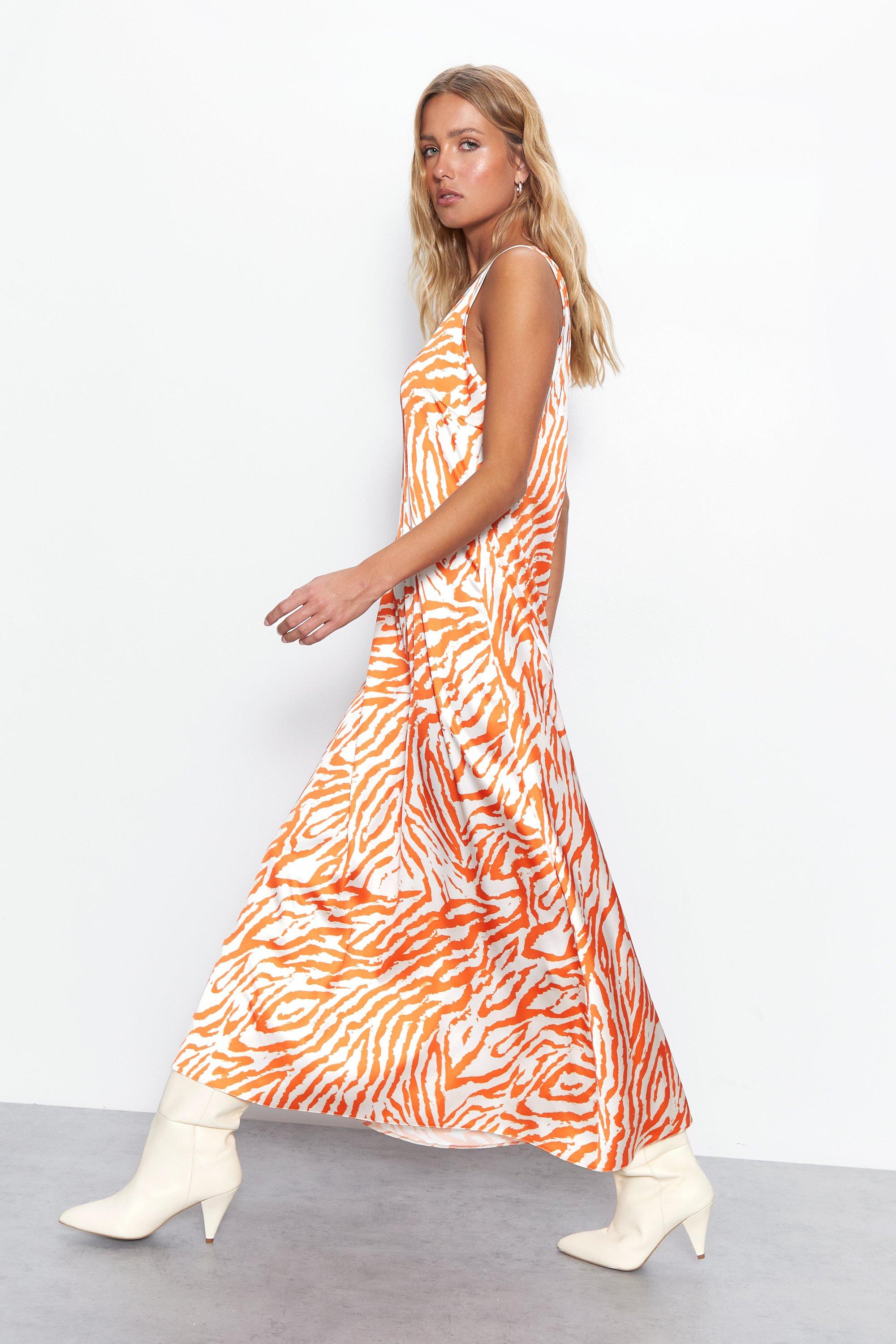 Womens Zebra Printed Scoop Neck Satin Midi Slip Dress - orange