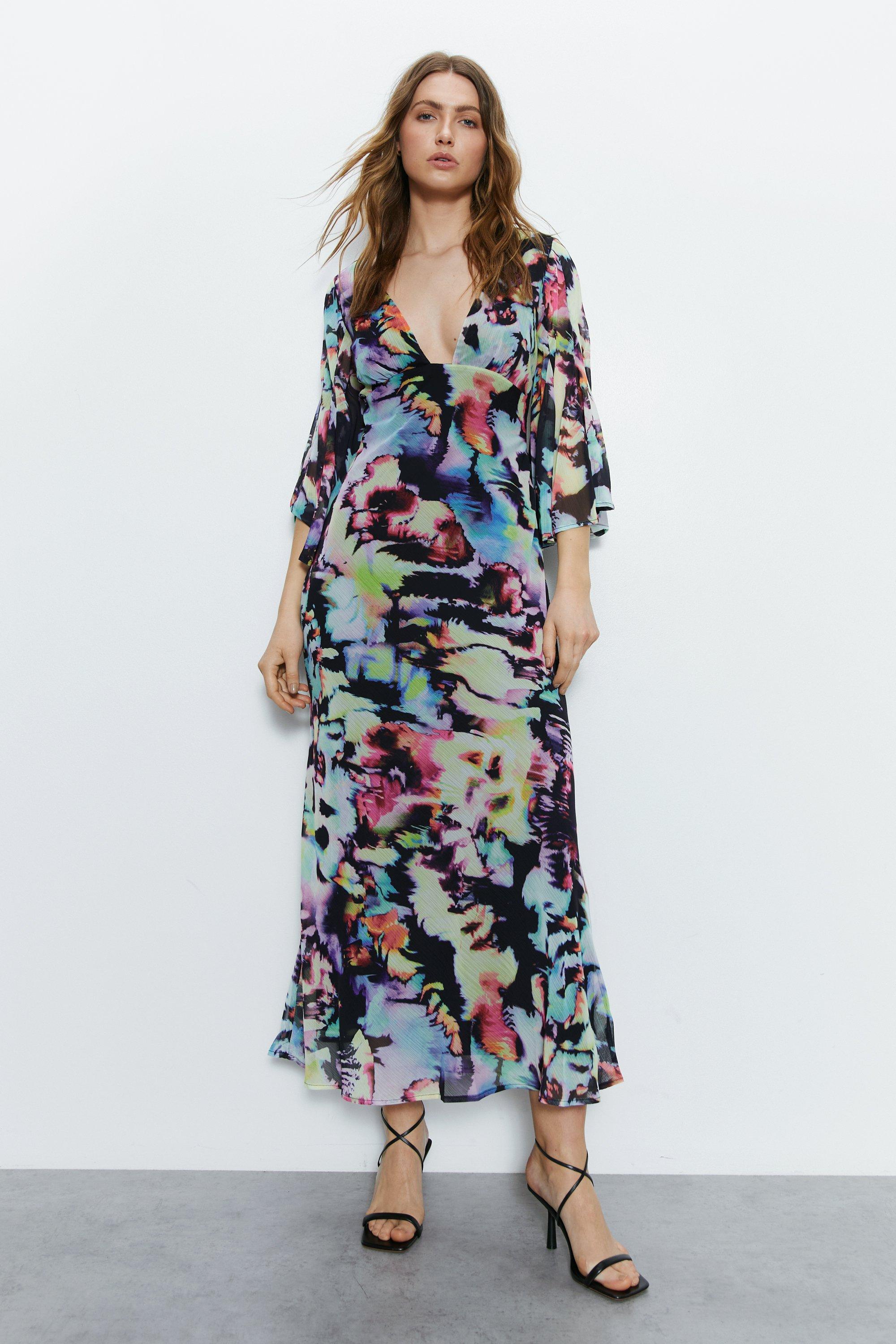 Womens Abstract Print Fluted Sleeve Plunge Maxi Dress - black