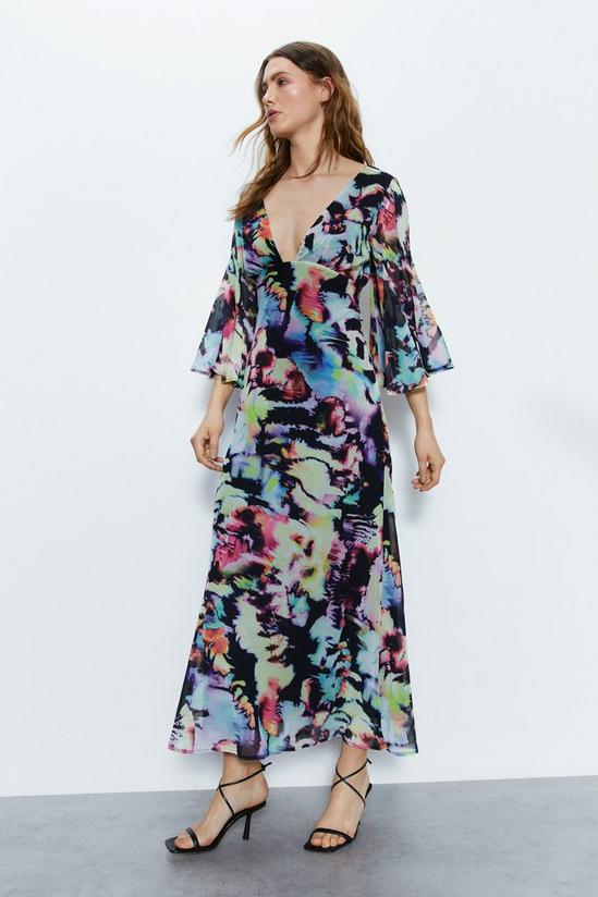 Warehouse Abstract Print Fluted Sleeve Plunge Maxi Dress 3
