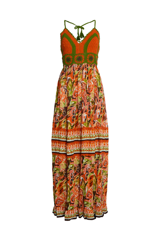 Warehouse Crinkle Rayon Border Print Crochet Top Maxi Dress 4