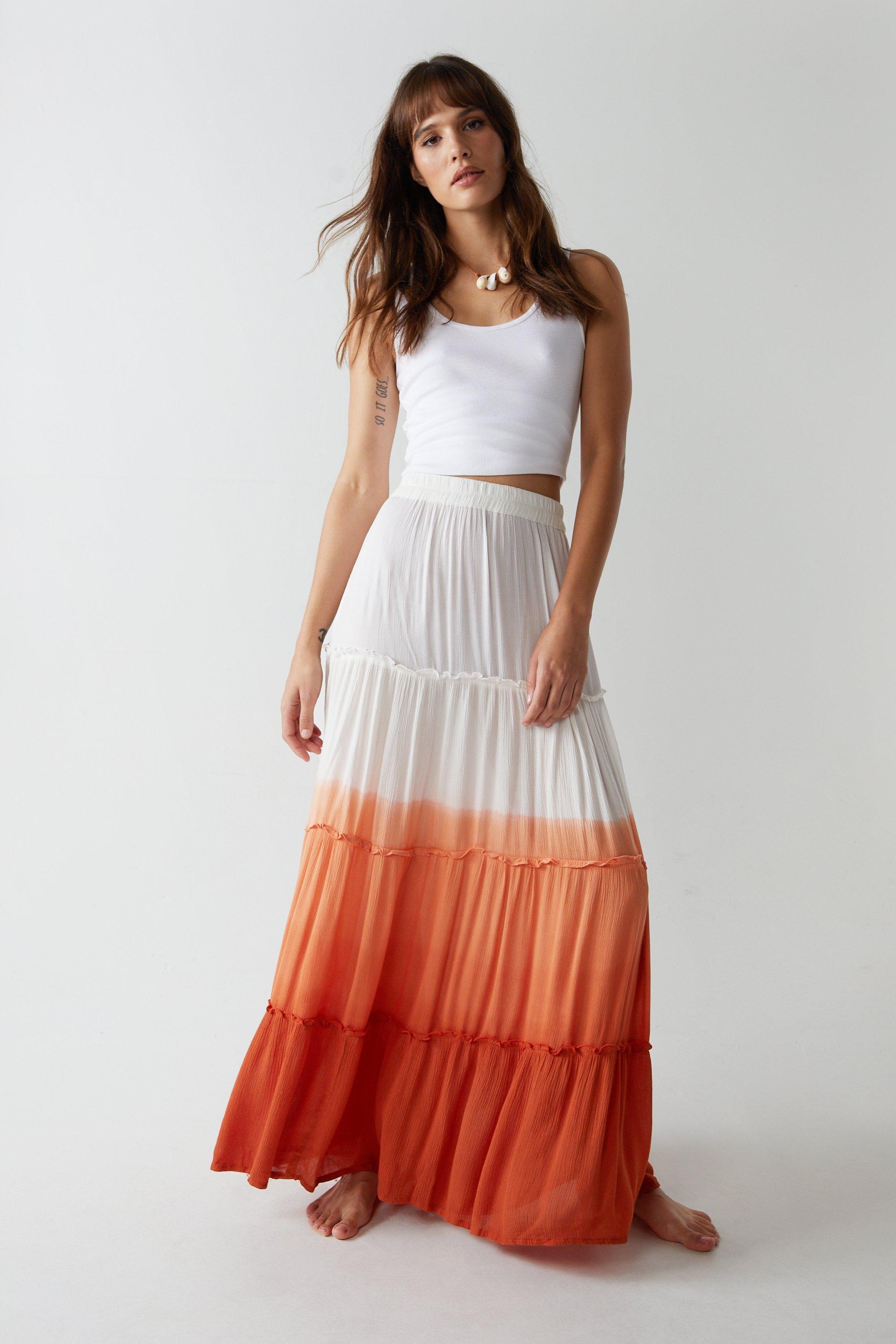 Womens Crinkle Viscose Ombre Tiered Maxi Skirt - rust