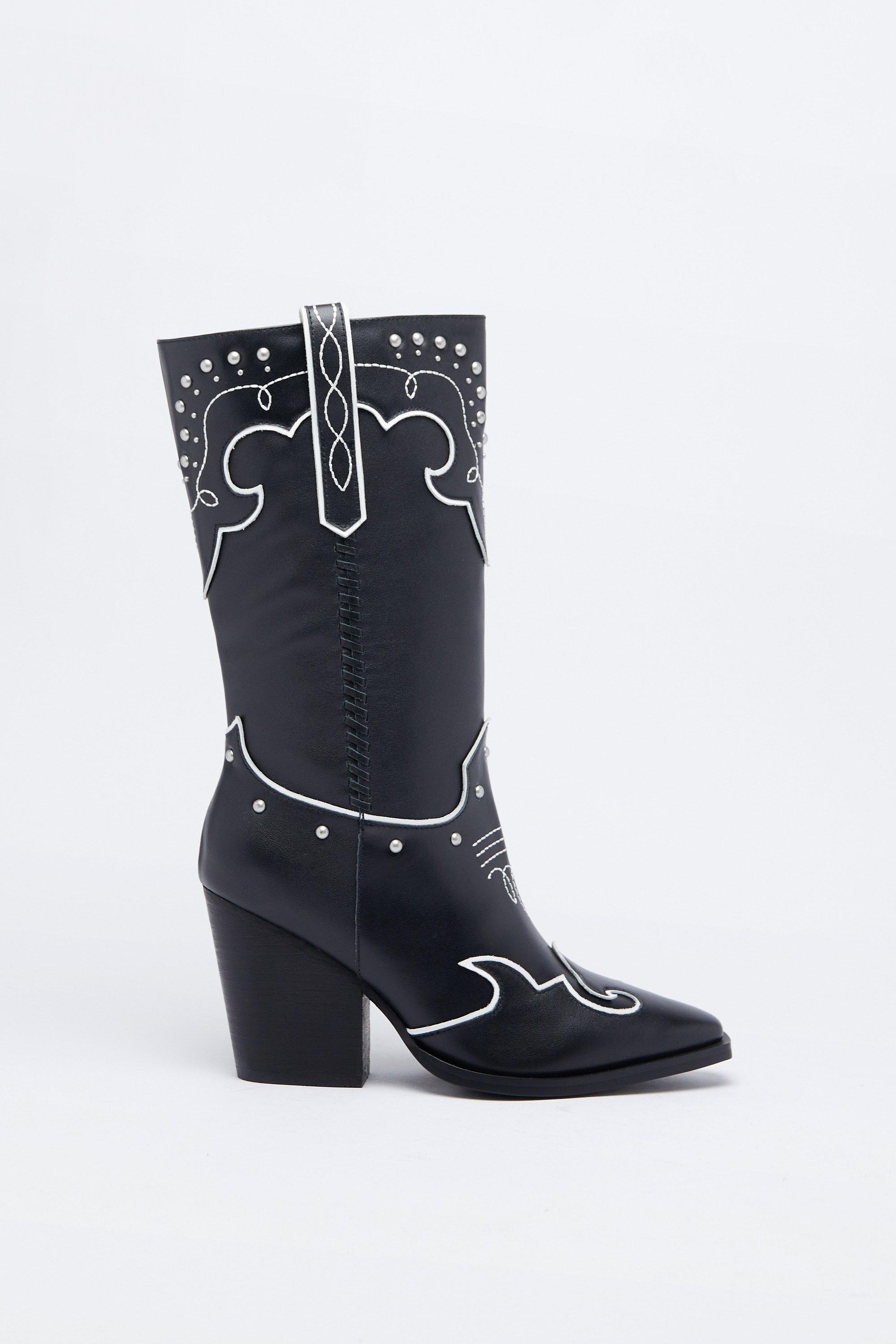 Womens Leather Studded Contrast Stitch Cowboy Boot - black