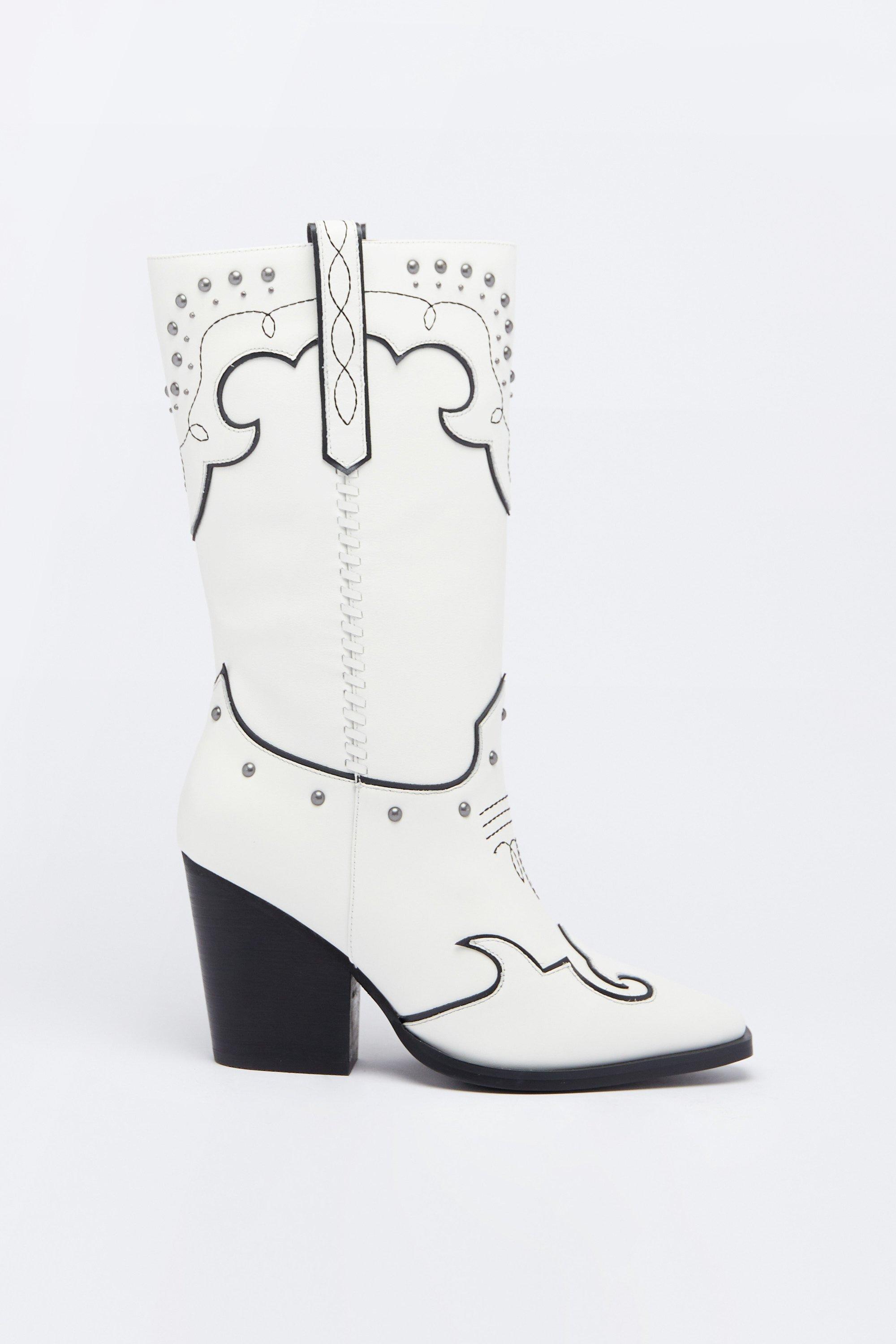 Womens Leather Studded Contrast Stitch Cowboy Boot - white