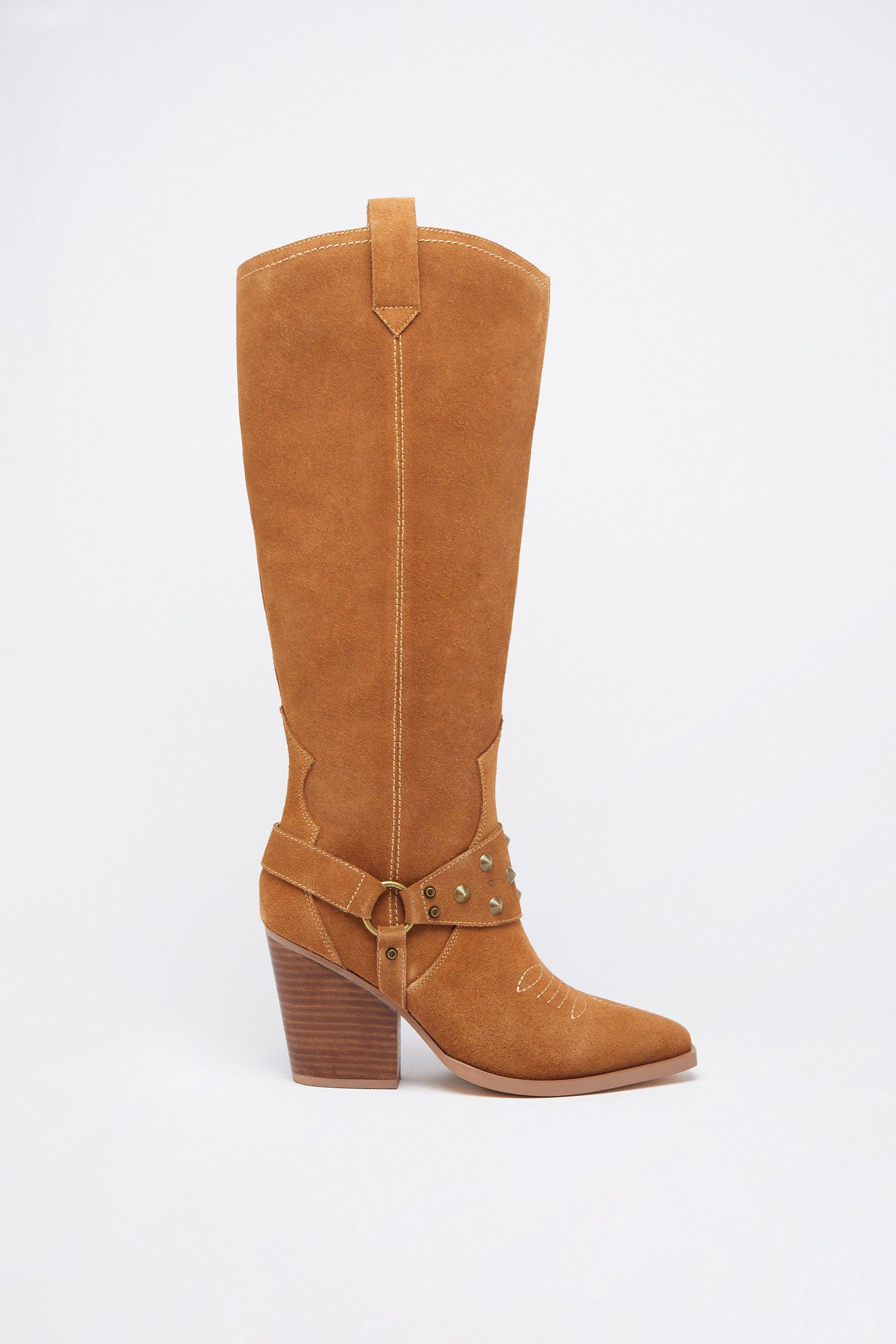 Womens Suede Harness Detail Knee High Cowboy Boot - tan