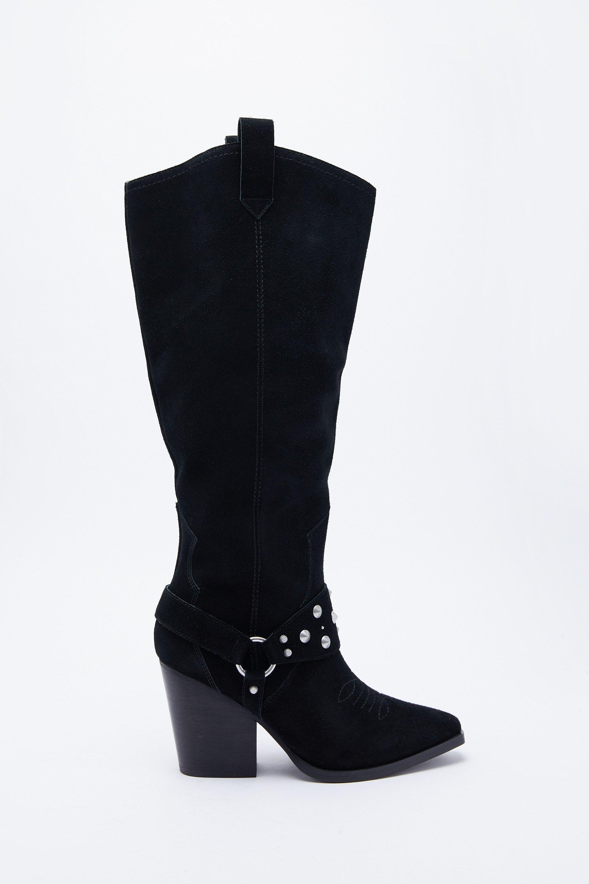 Womens Suede Harness Detail Knee High Cowboy Boot - black