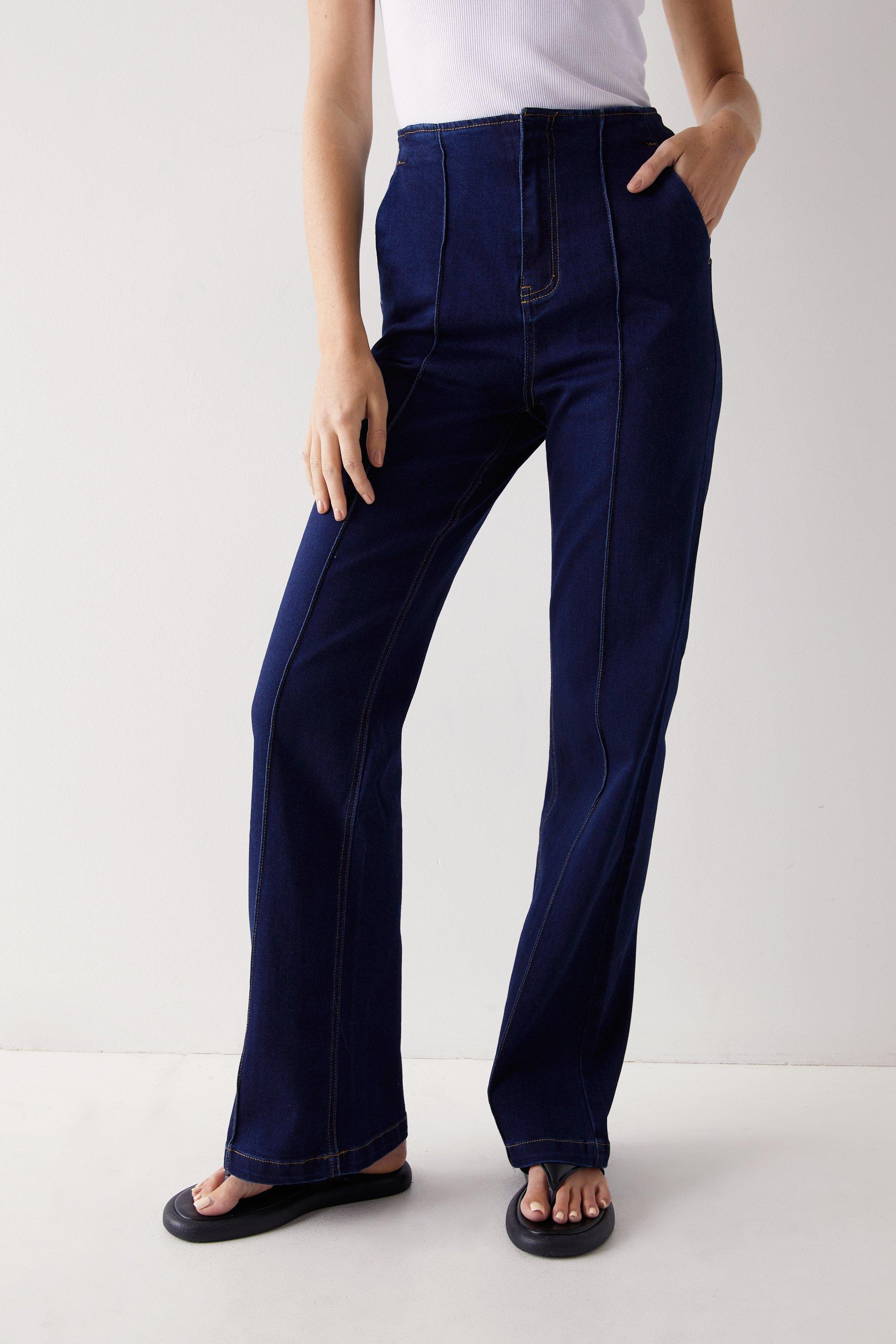 Womens Contrast Stitch Seam Front Flared Jeans - indigo