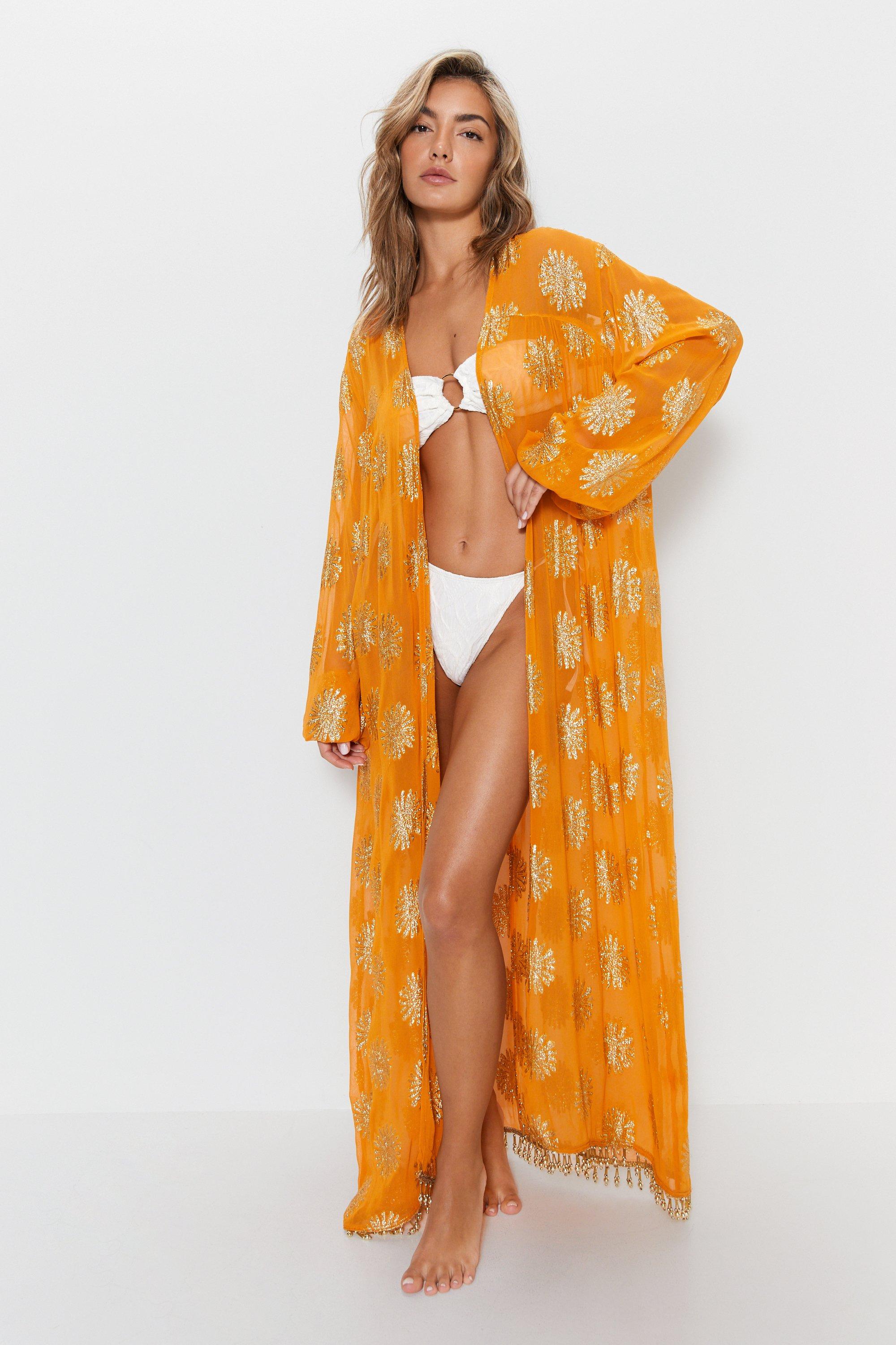 Womens Viscose Georgette Glitter Flower Beaded Maxi Cover Up Kimono - orange
