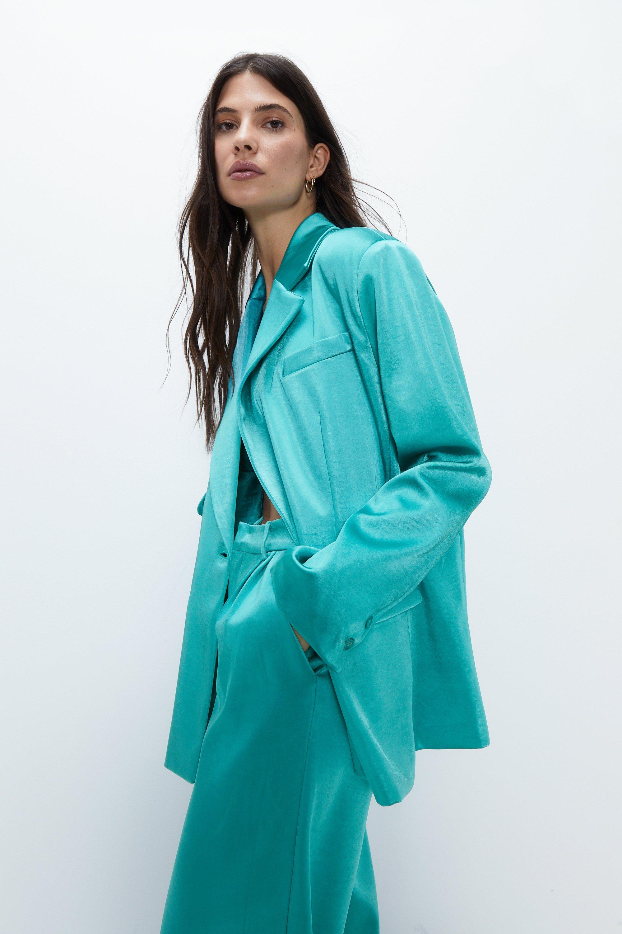 Womens Premium Bonded Satin Oversized Blazer - turquoise