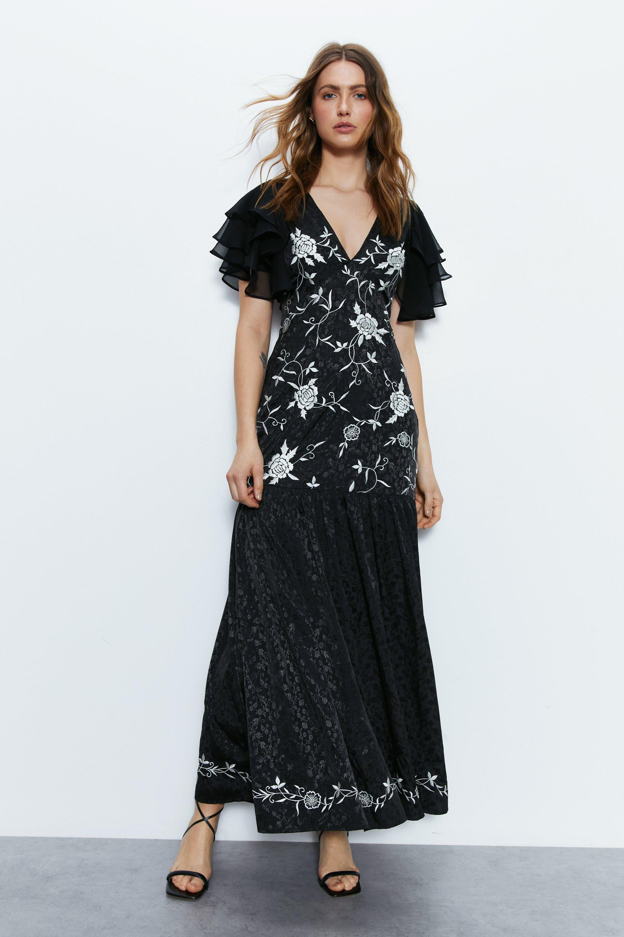 Womens Embroidery Ruffle Sleeve Maxi Dress - black