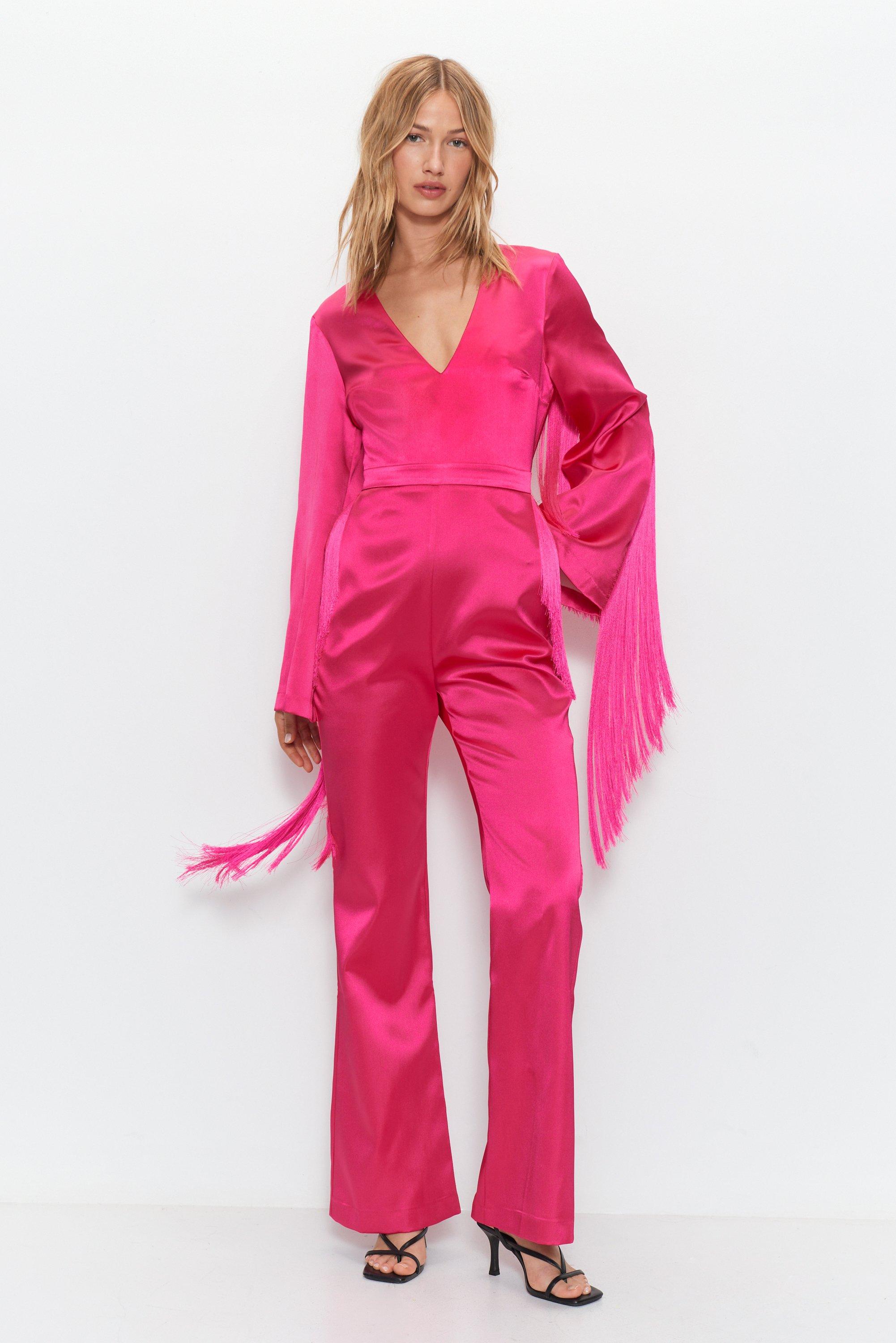 Womens Premium Bonded  Satin Fringe 70s Jumpsuit - hot pink