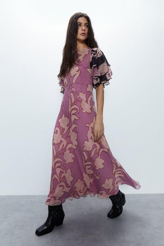 Warehouse Shadow Floral Angel Sleeve Midi Dress 1