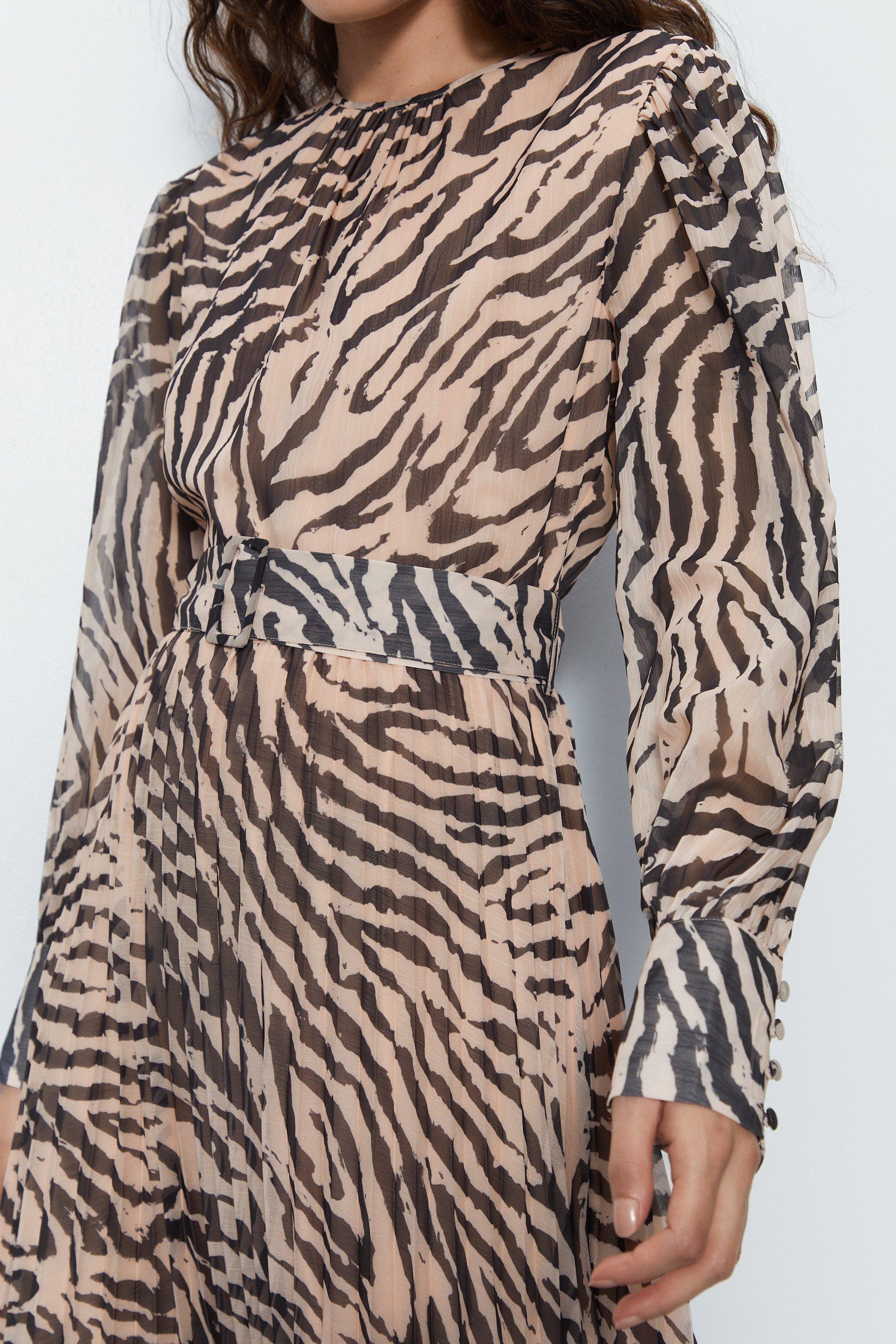 Womens Polyester Zebra Pleated Midi Dress - black