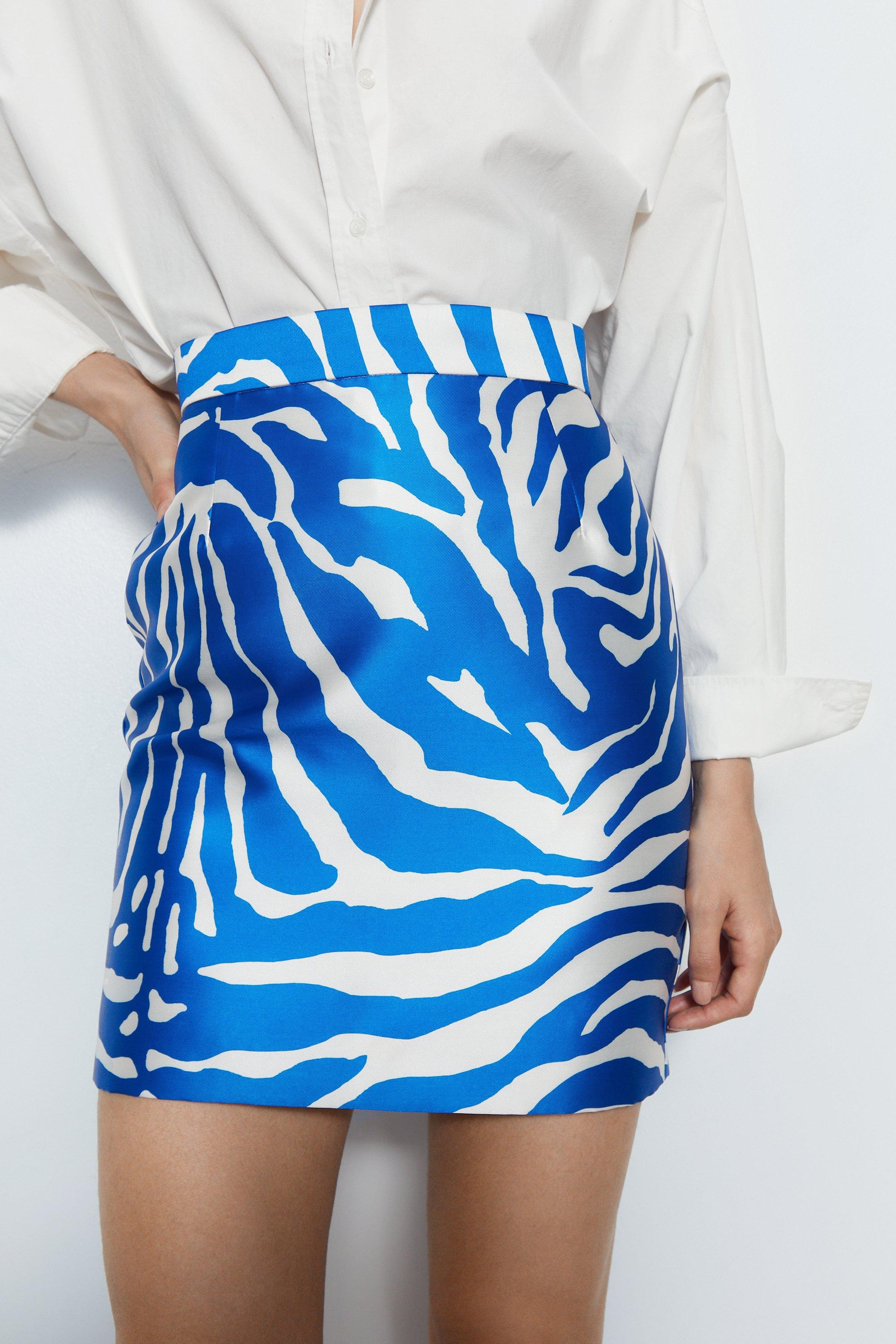 Womens Premium Printed Satin Twill Mini Skirt - blue