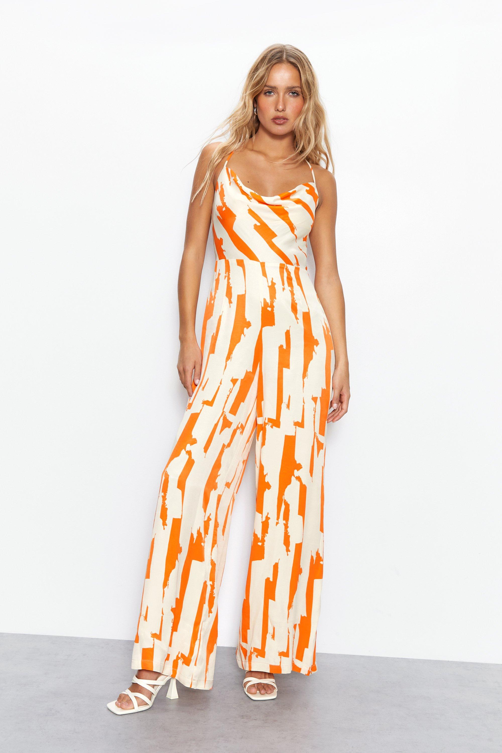Womens Petite Abstract Print Satin Cowl Strappy Jumpsuit - orange