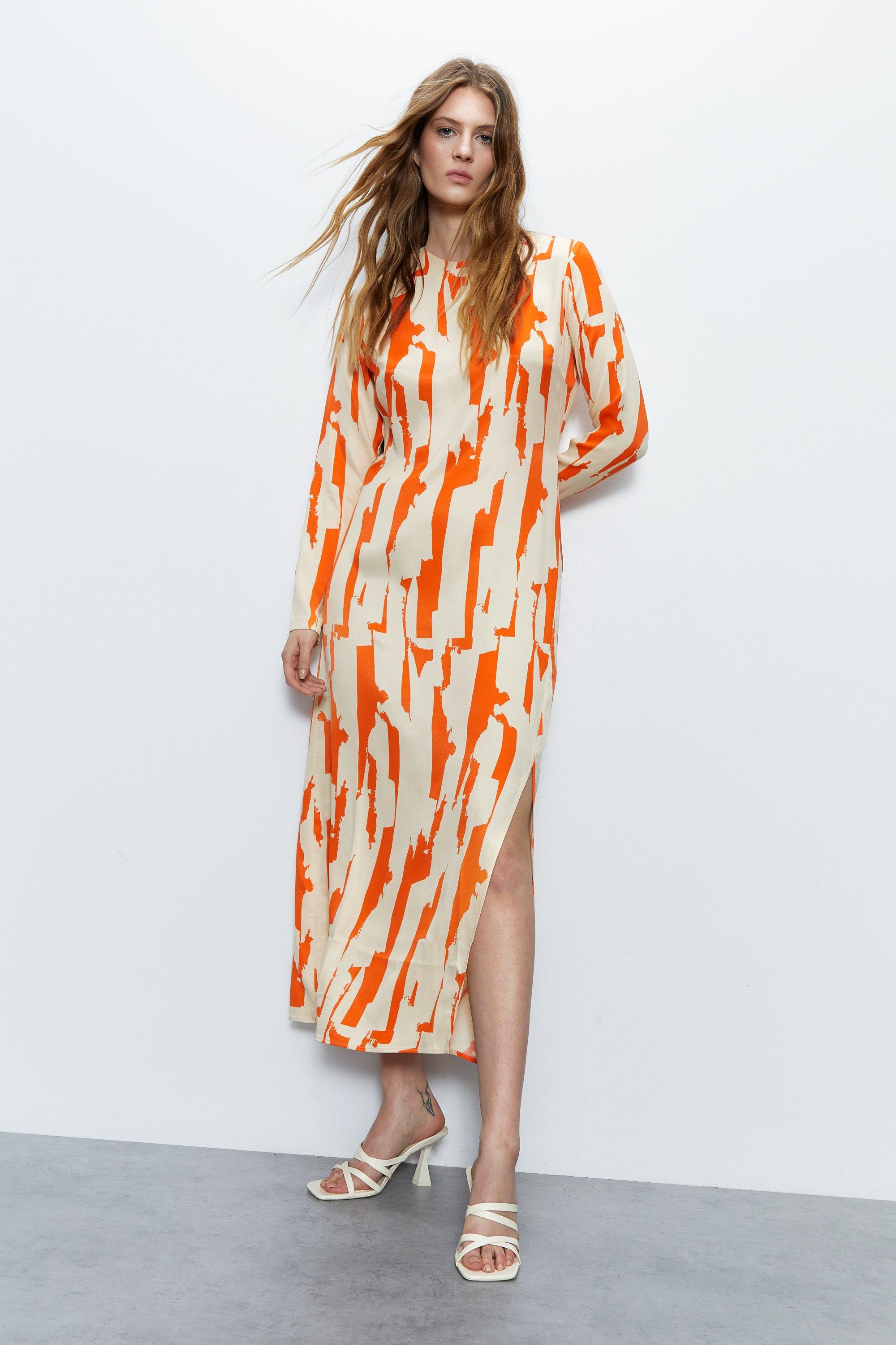 Womens Petite Abstract Print Satin Split Column Dress - orange
