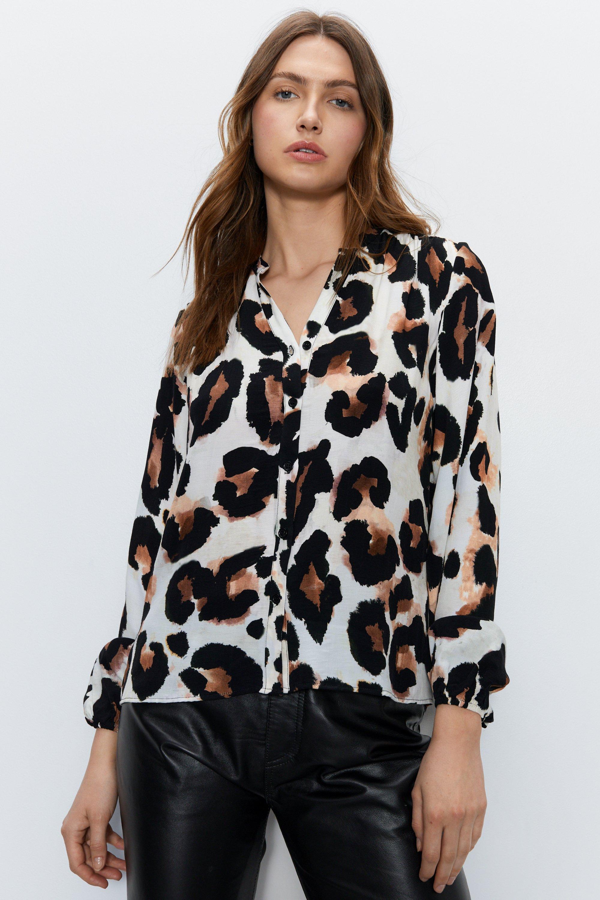 Womens Leopard Print Long Sleeve Blouse - brown