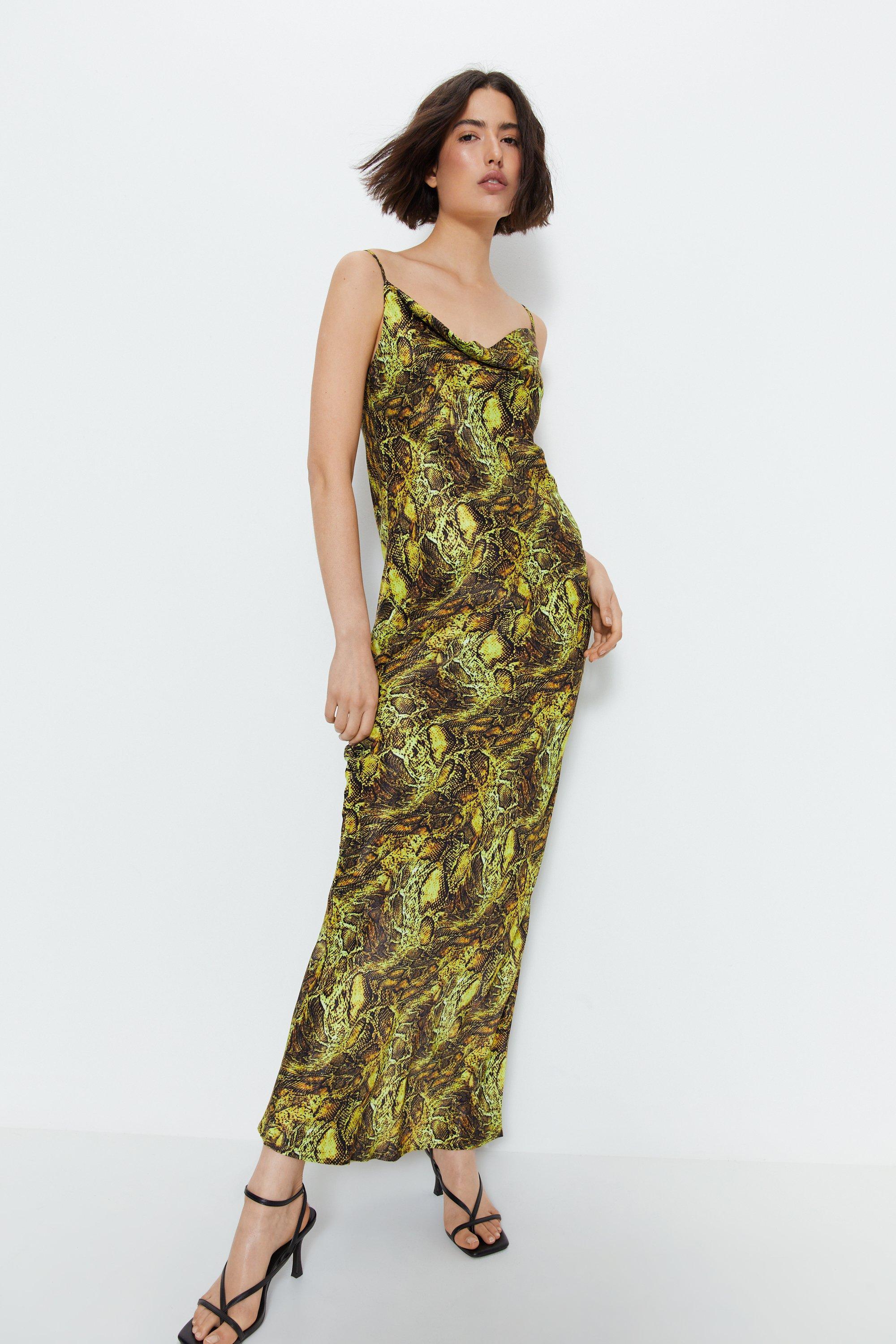 Womens Snake Print Satin Cowl Slip Dress - lime