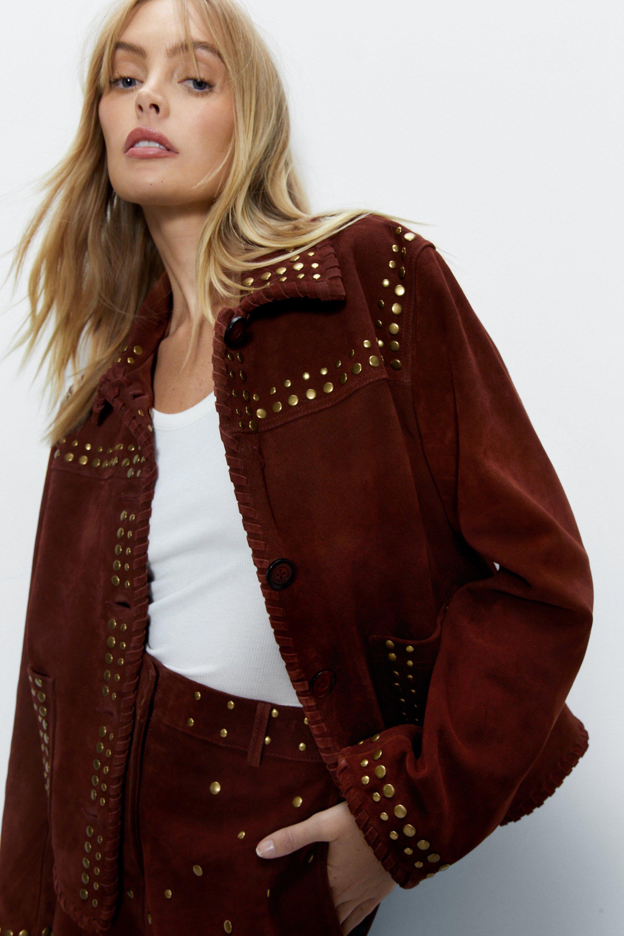 Womens Real Suede Studded Trim Jacket - tan
