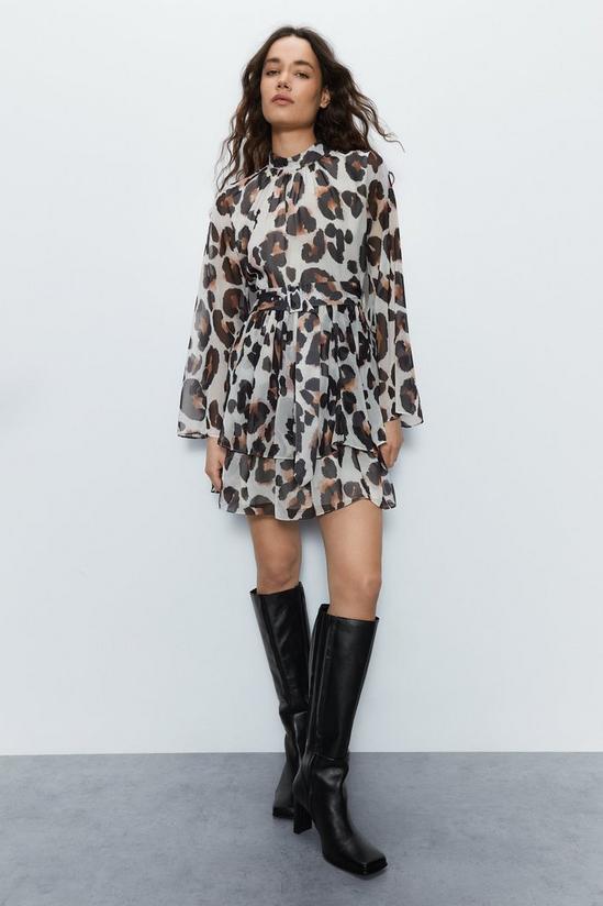 Warehouse Leopard Tiered Chiffon Mini Dress 1