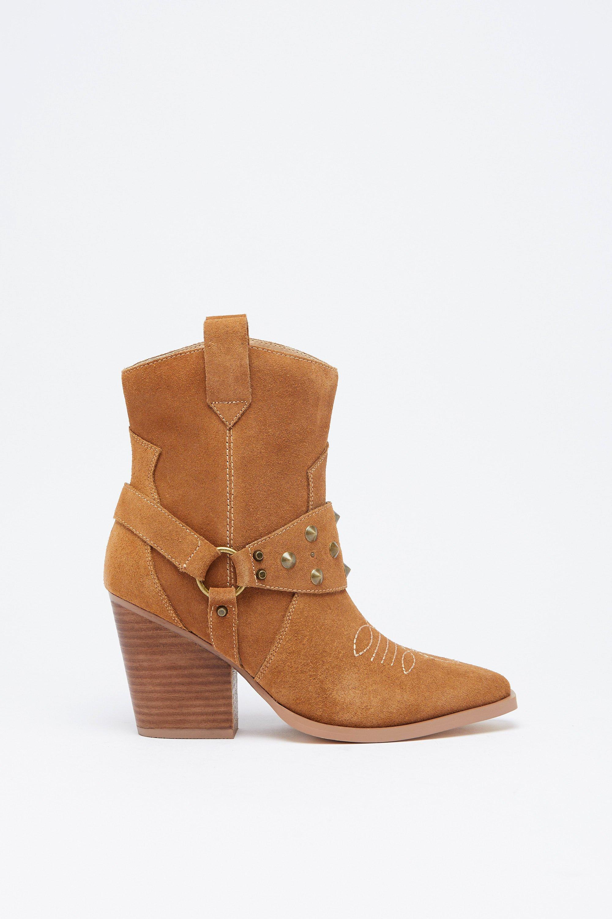 Womens Suede Harness Detail Ankle Cowboy Boot - tan