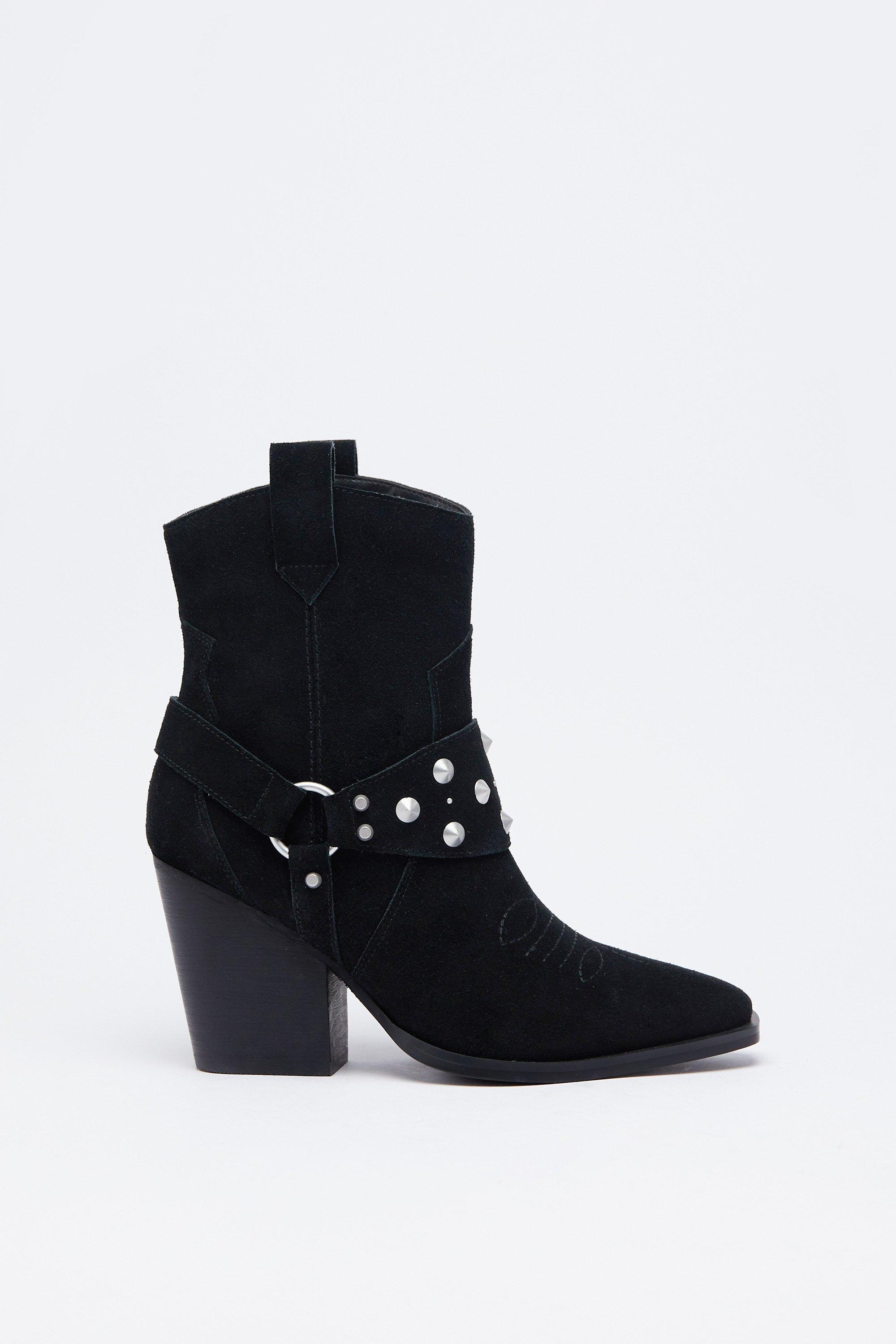 Womens Suede Harness Detail Ankle Cowboy Boot - black