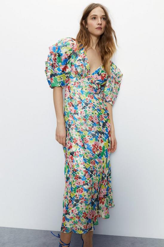 Warehouse Bright Floral Print Puff Sleeve V Neck Dress 3