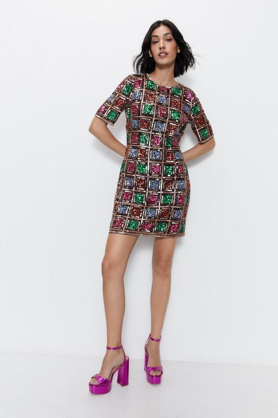 Warehouse Sequin Checkerboard Short Sleeve Mini Dress 2