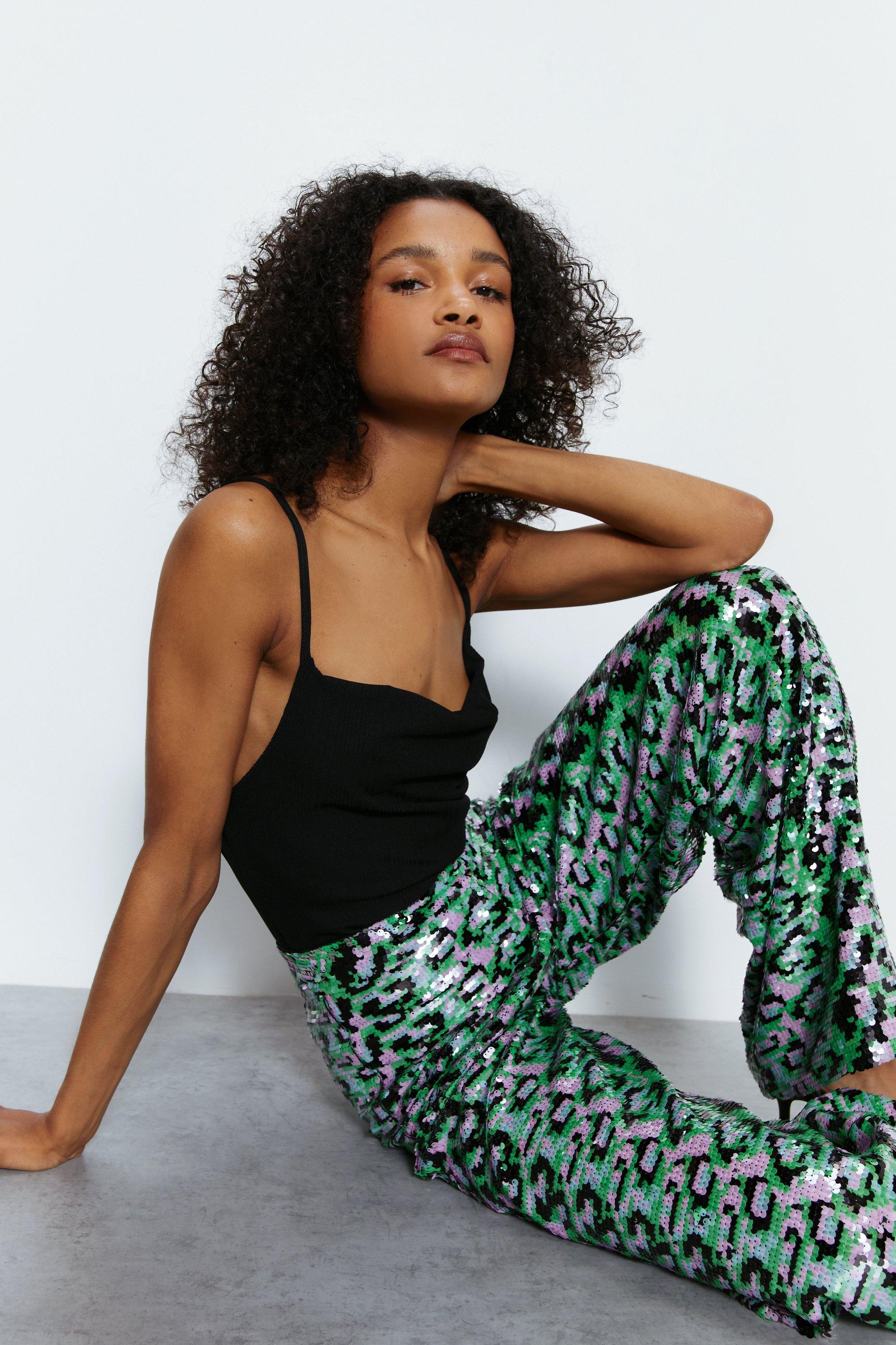 Trousers, Premium Printed Sequin Wide Leg Trousers