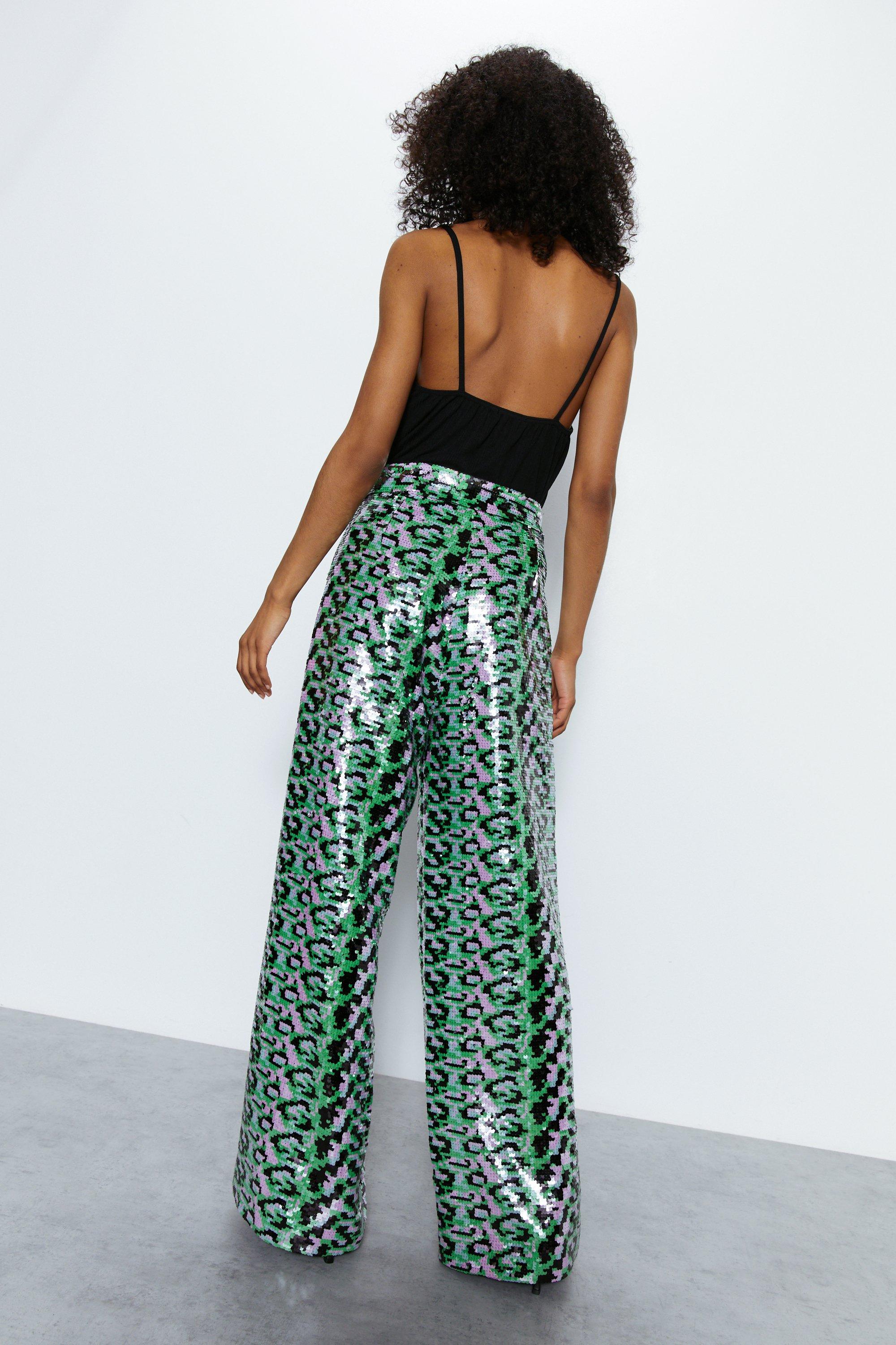 Trousers, Premium Printed Sequin Wide Leg Trousers