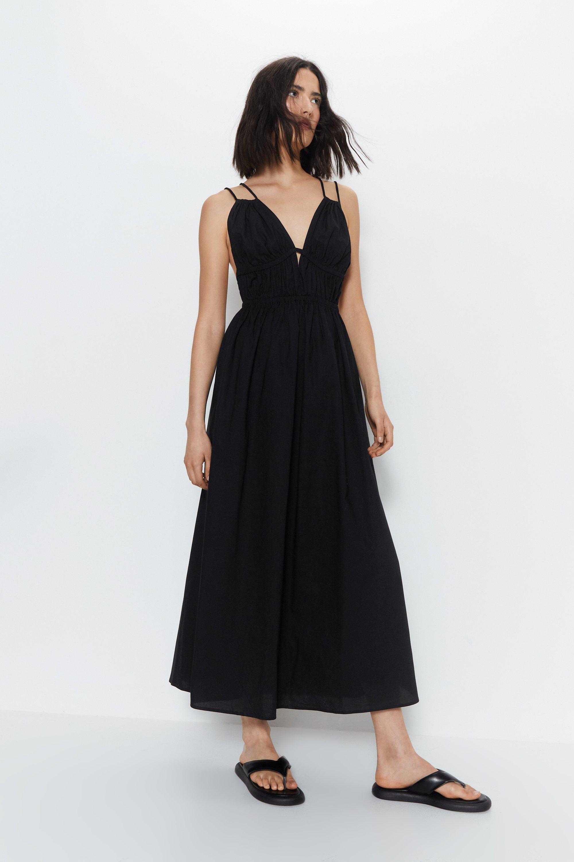 Womens Double Strap Cotton Midi Dress - black