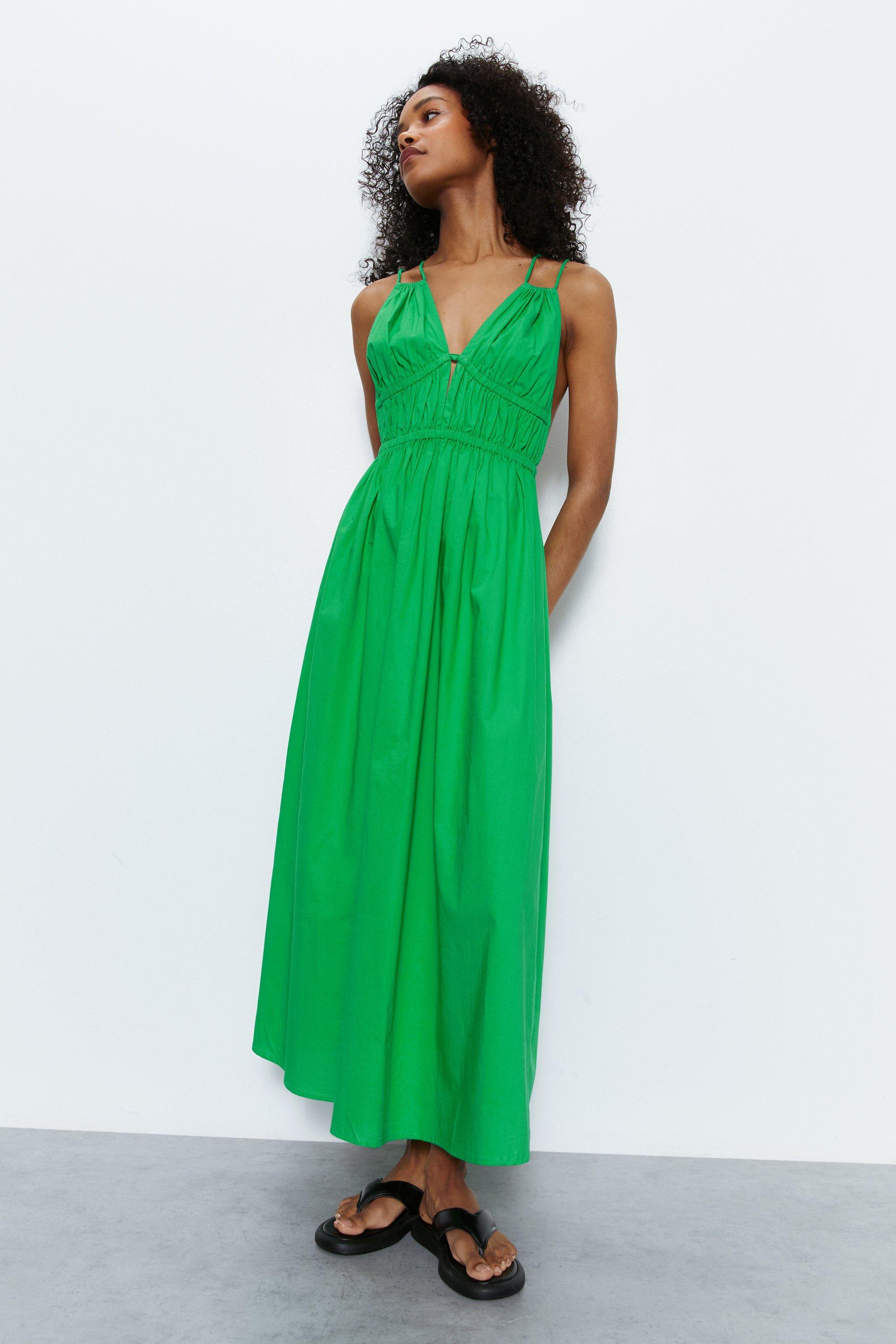 Womens Double Strap Cotton Midi Dress - green