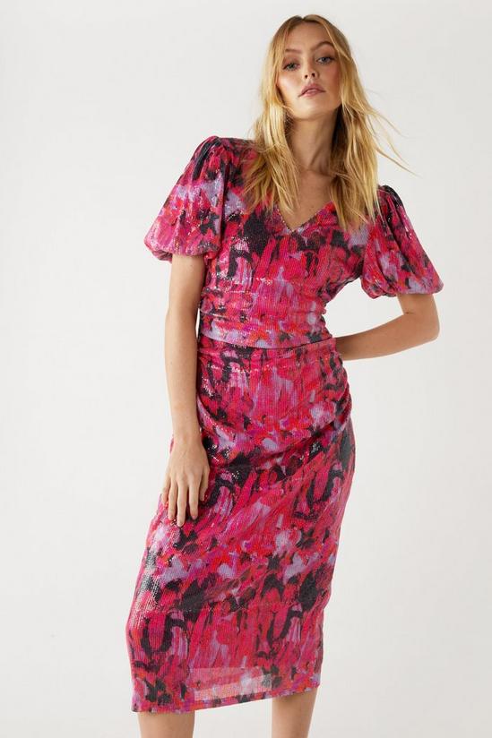 Warehouse Printed Sequin Puff Sleeve Ruched Midi Dress 1