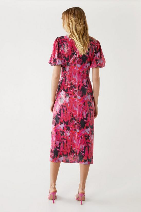 Warehouse Printed Sequin Puff Sleeve Ruched Midi Dress 4