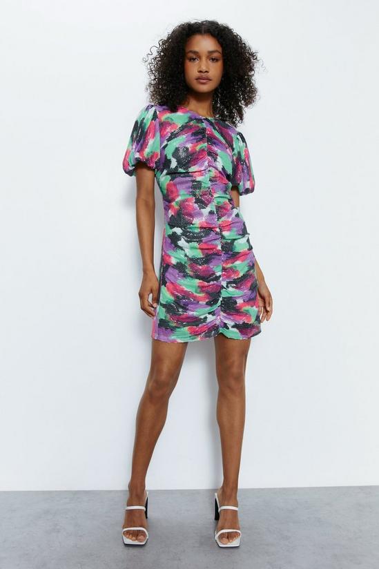 Warehouse Abstract Printed Sequin Ruched Mini Dress 3