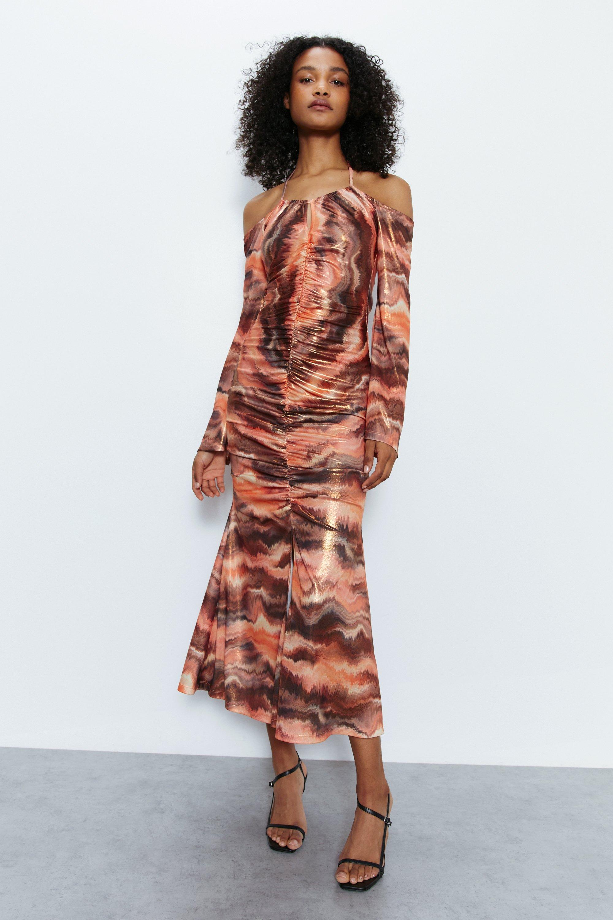 Womens Printed Metallic Ruche Front Dress - brown