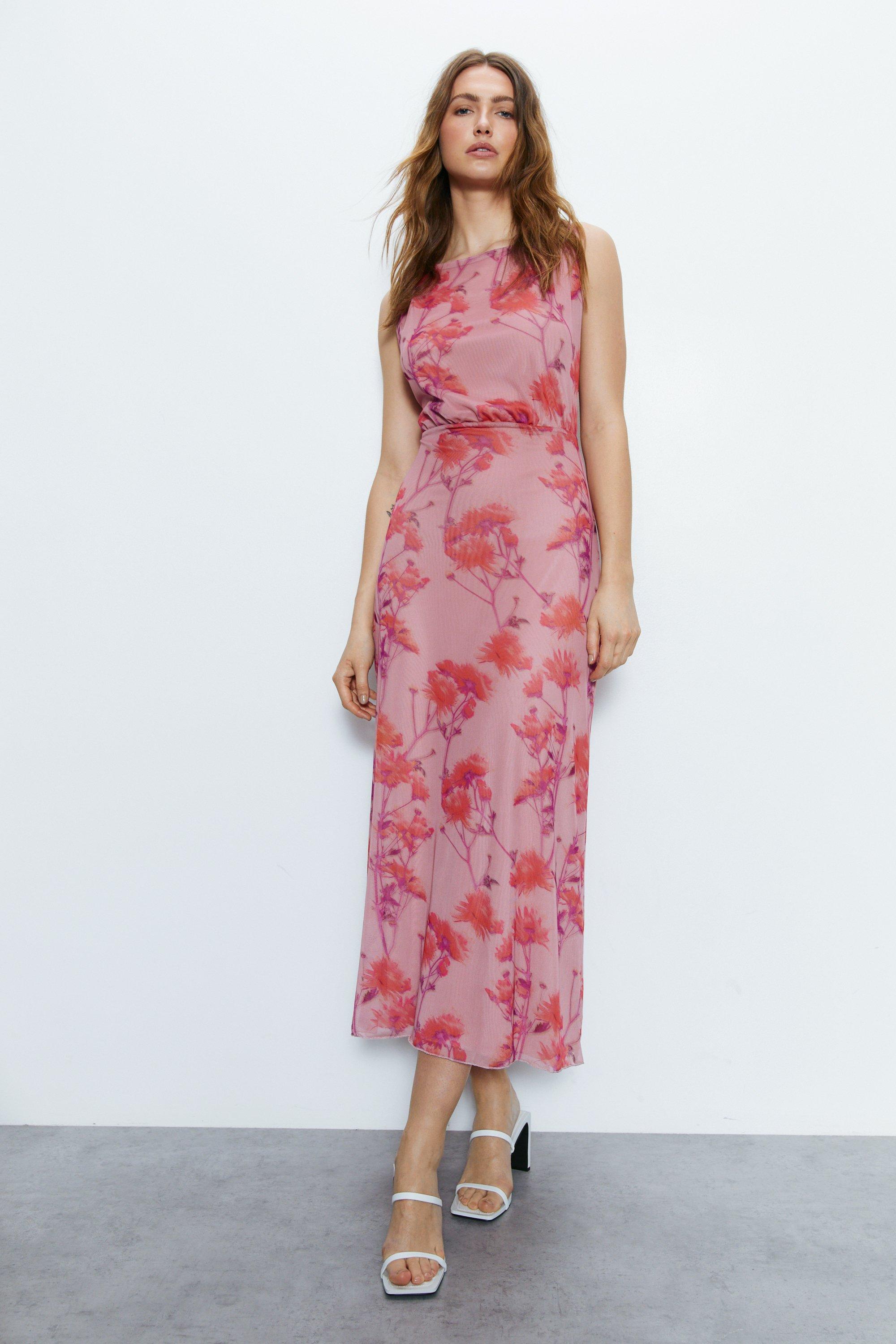 Womens Open Back Floral Midi Dress - pink